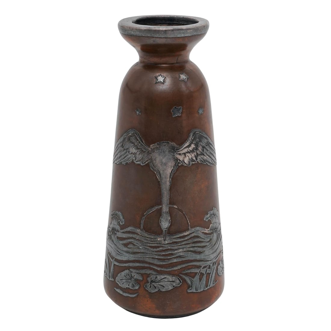 Japanese Meiji Bronze w/ Sterling Silver Overlay Vase: Japanese Meiji Bronze w/ Sterling Silver Overlay Vase Early 20th century, Japan Artist/Designer/Manufacturer: Japan Marking(s); notes: None Materials: bronze, sterling silver Cataloger Note: Japanese