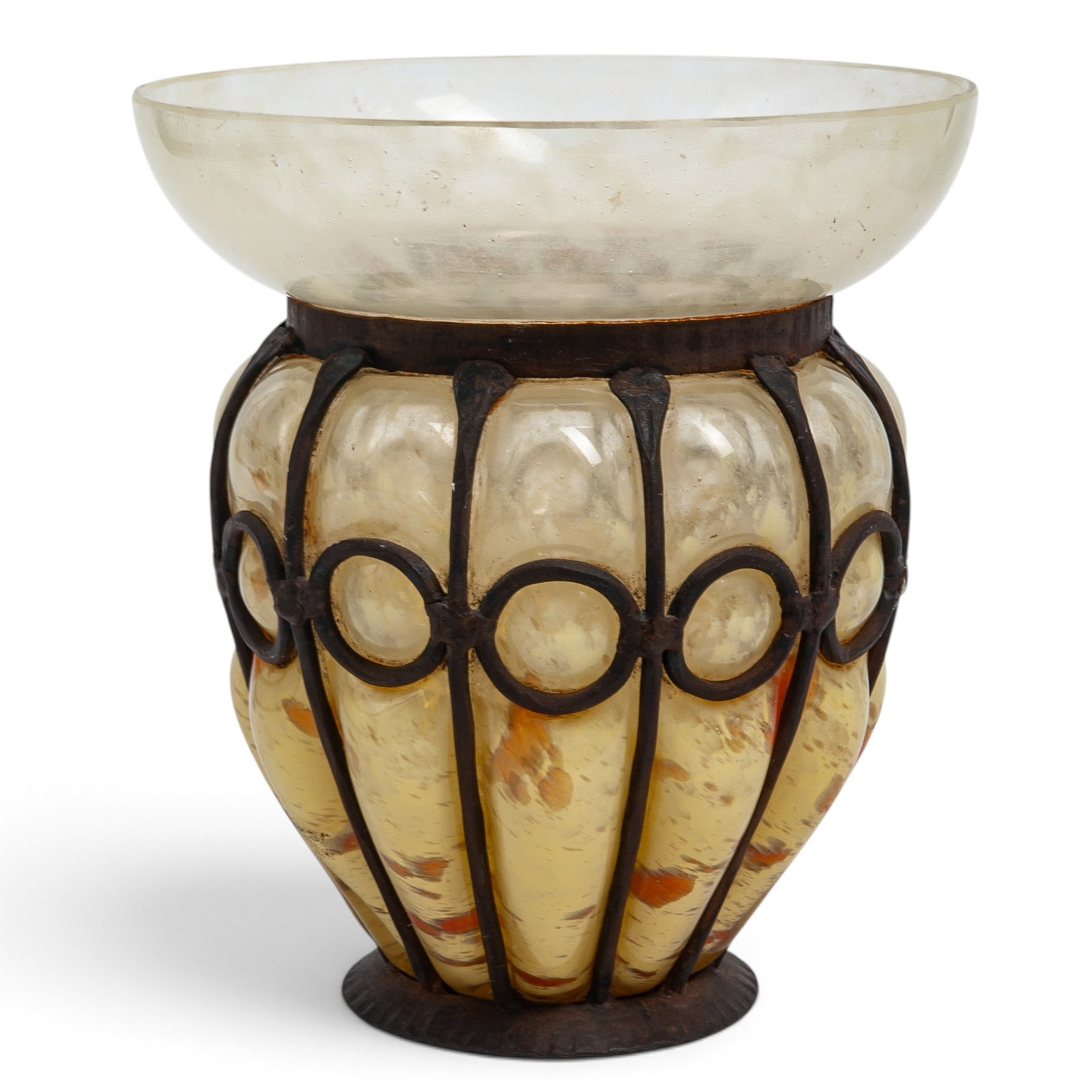 Charles Schneider Art Deco "Intercalaire" Glass & Iron Vase: Charles Schneider Art Deco "Intercalaire" Glass & Iron Vase Circa 1920–1925. French Artist/Designer/Manufacturer: Charles Schneider (France, 1881-1953) Marking(s); notes: Signed "Schneider" Material