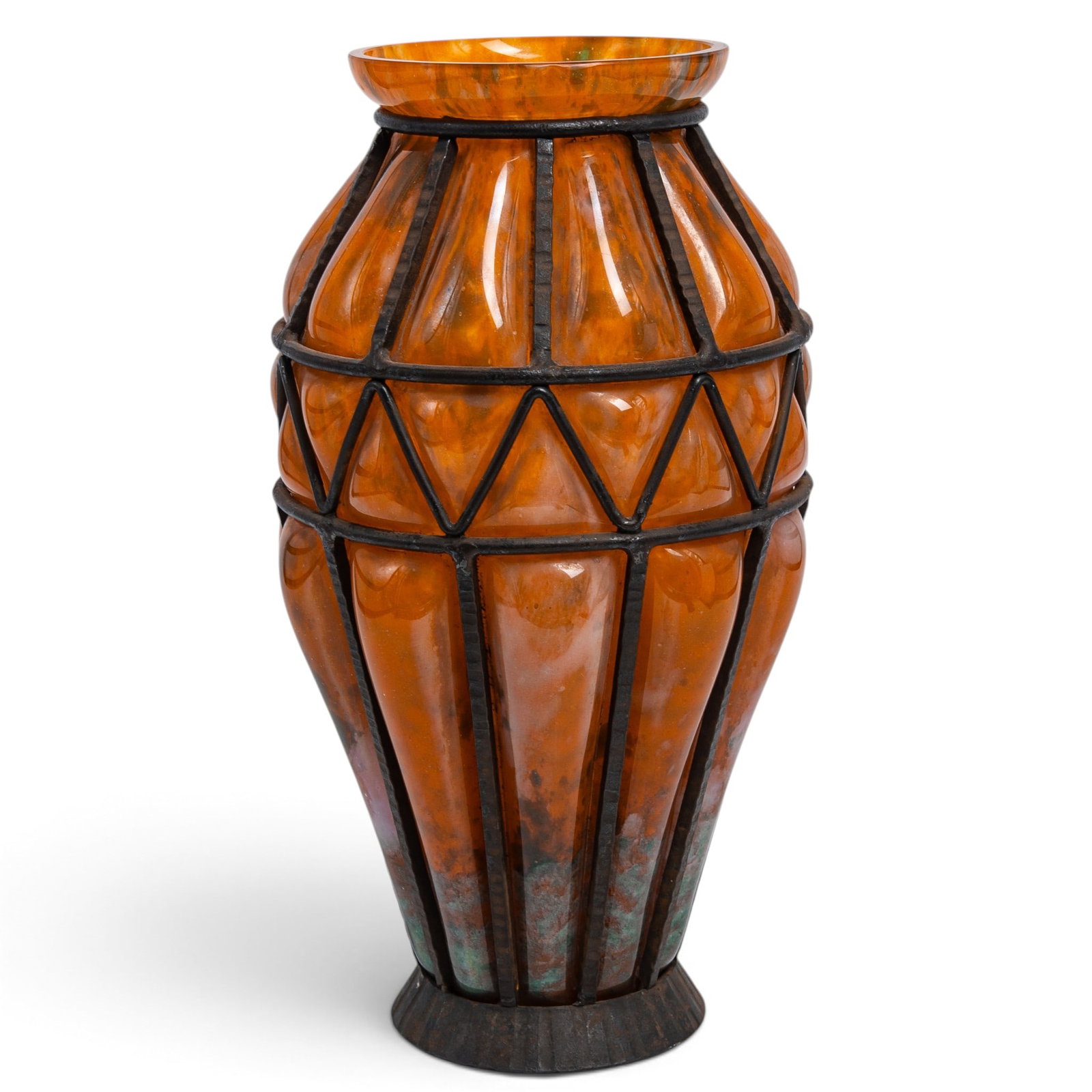 Attrib. Daum Nancy Iron Caged Vase: Attrib. Daum Nancy Iron Caged Vase Late 19th - Early 20th Cent, France Artist/Designer/Manufacturer: Unknown Marking(s); notes: Art Deco Materials: hand-blown glass, wrought iron Cataloger Note: Art D