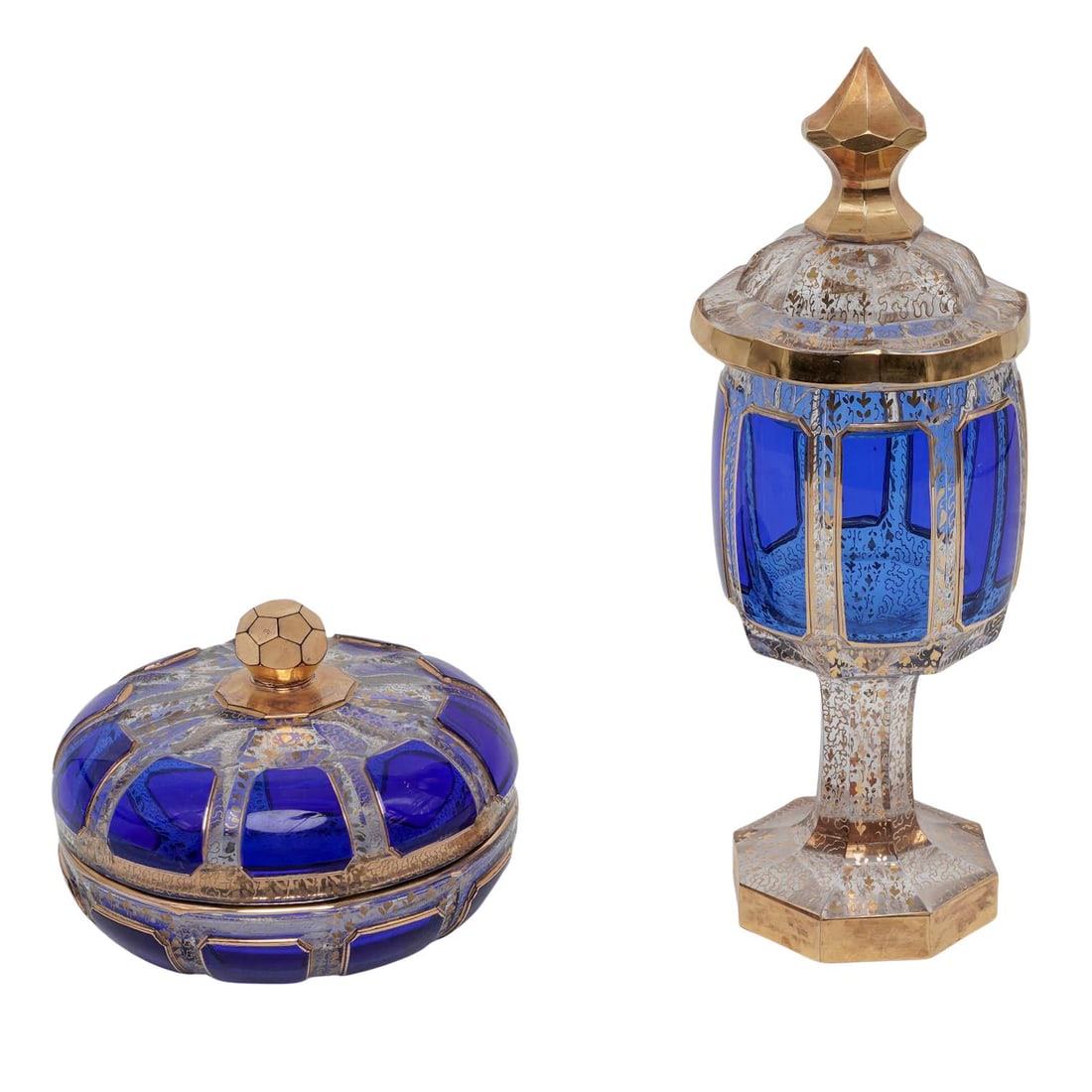 (2 pcs) Antique Moser Glass Table Jars: (2 pcs) Antique Moser Glass Table Jars Early 20th century Artist/Designer/Manufacturer: Moser Marking(s); notes: none Materials: art glass Cataloger Note: Pair of antique Moser Art Deco glass table ar