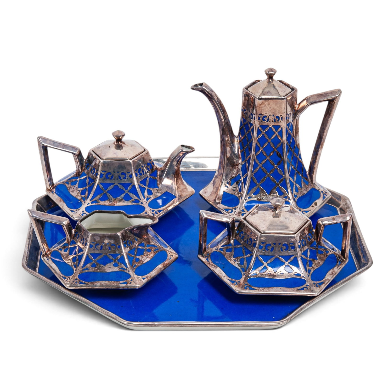 (5pc) Art Deco B&C Limoges Silver Overlay & Cobalt Blue Porcelain Coffee/Tea Set (1 of 12)