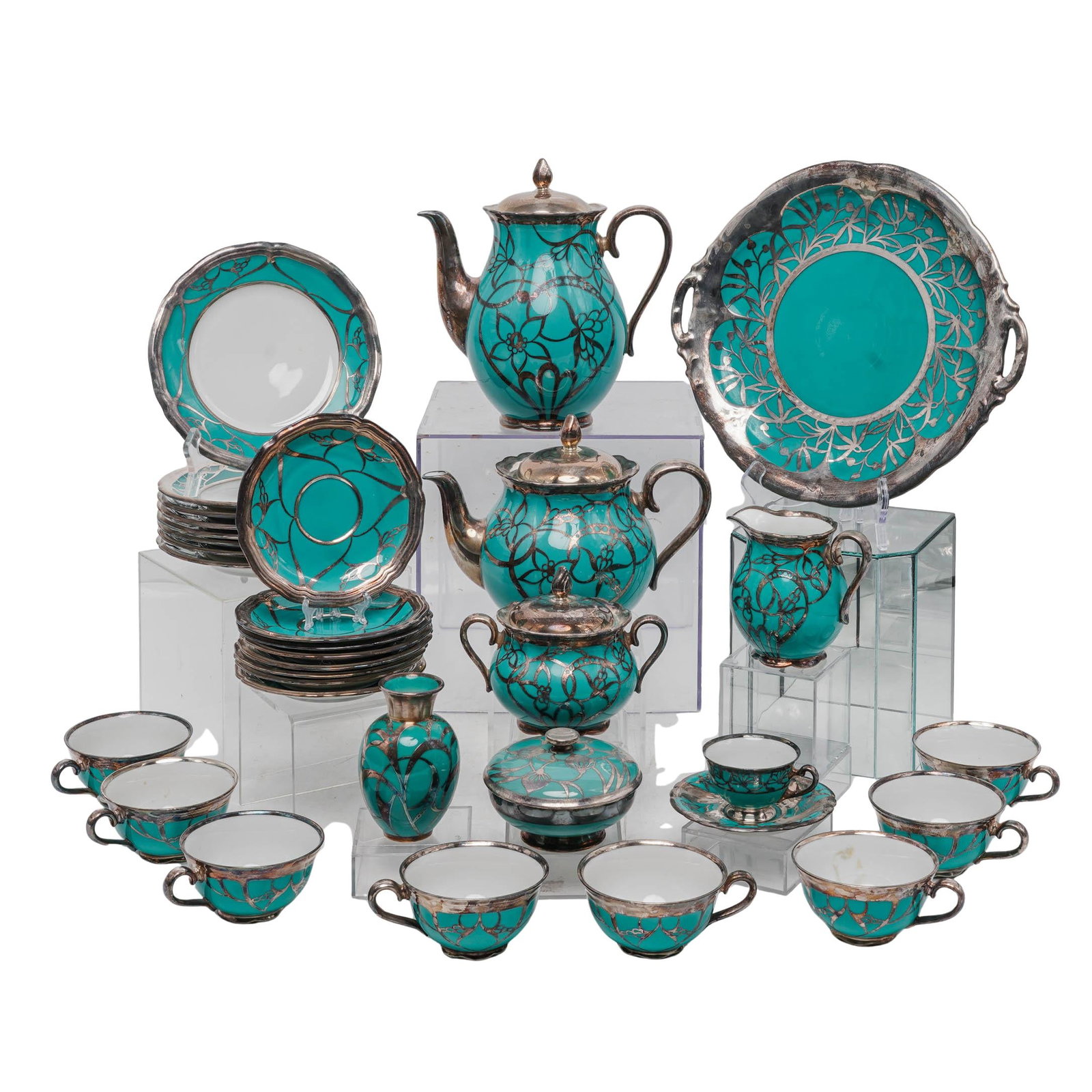 (33pc) Seltmann Weiden "Marie Luise" Turquoise Porcelain & Silver Overlay Tea Set: (33pc) Seltmann Weiden "Marie Luise" Turquoise Porcelain & Silver Overlay Tea Set Circa 1930-1950. German Artist/Designer/Manufacturer: Seltmann Weiden Marking(s); notes: Marked “Seltmann Weiden, Ma