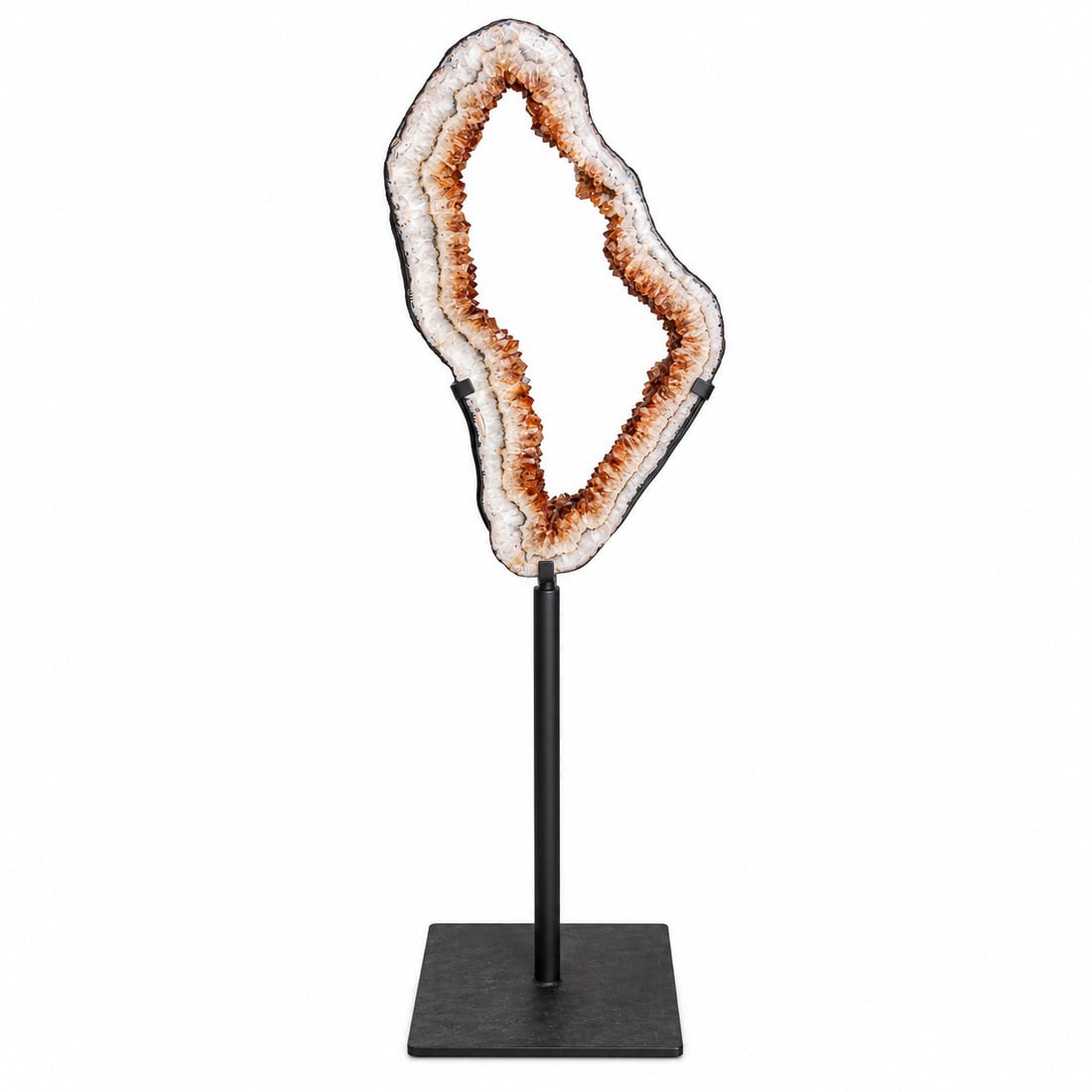 Citrine Geode Portal: Citrine Geode Portal 20th century A citrine geode portal or ring slice on a black metal stand. H (on stand) 50" x W (geode) 13" x Stand base W 13"