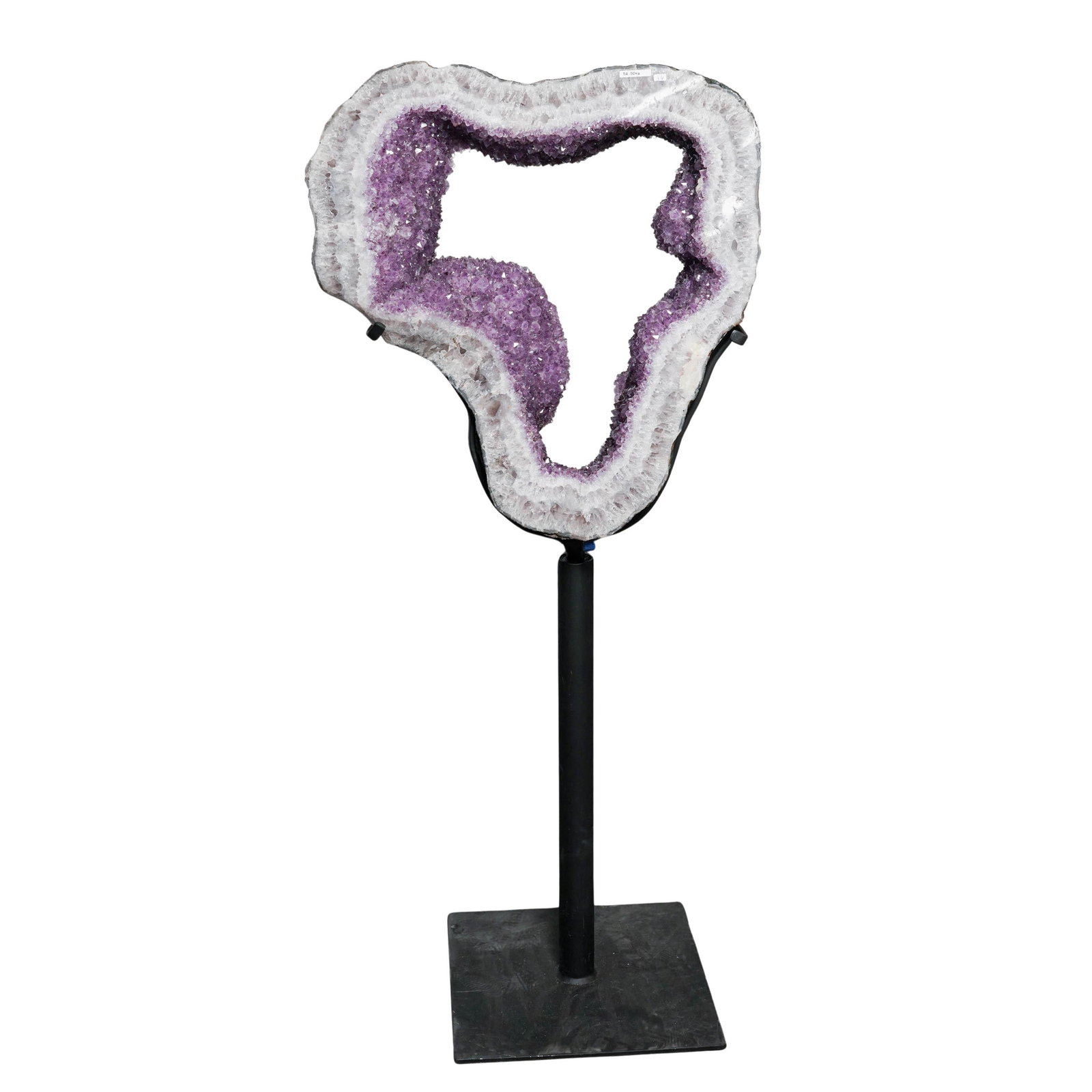 Amethyst Geode Portal: Amethyst Geode Portal 20th century Sliced amethyst geode portal on a black metal base. On stand: H 49" x W 23" x Stand base W 14"