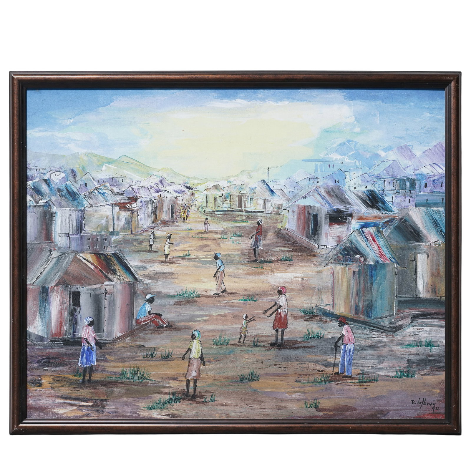 Reginald Valbrun (Haitian, 1938-1992) Village Acrylic On Board Painting: Reginald Valbrun (Haitian, 1938-1992) Village Acrylic On Board Painting 1984. Haitian Artist/Designer/Manufacturer: Reginald Valbrun (Haitian) Marking(s); notes: Signed and dated “R. Valbrun 84&rdqu