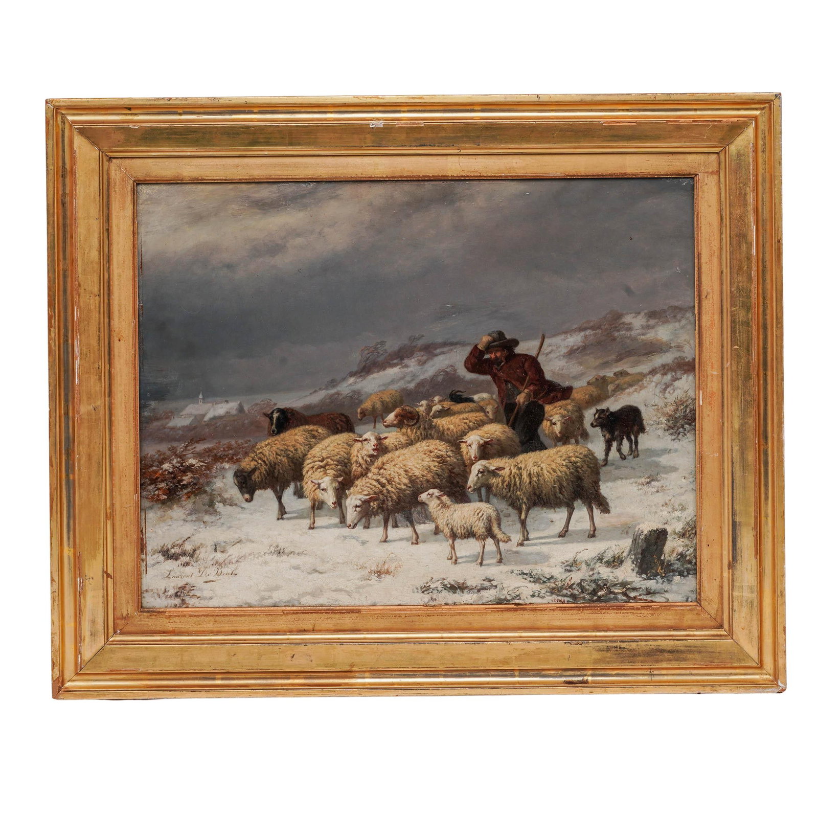 Laurent De Beul (Belgian, 1821-1872) Winter Cattle Sheep Oil on Board Painting (1 of 3)
