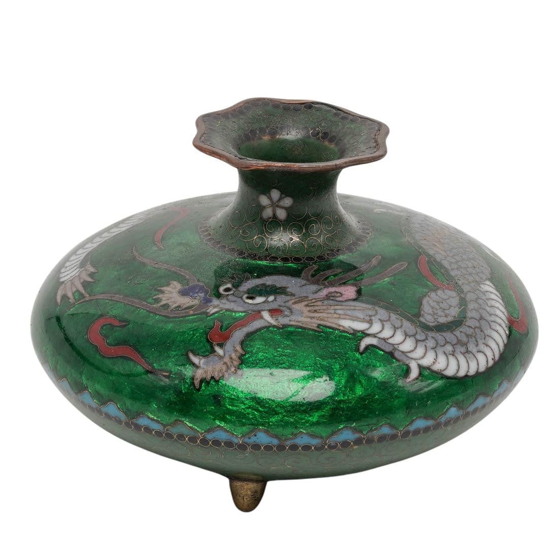 Japanese Dragon Enamel Cloisonne Vase: Japanese Dragon Enamel Cloisonne Vase 20th century, Japan Artist/Designer/Manufacturer: Unknown Marking(s); notes: Japanese Materials: cloisonné enamel, metal Cataloger Note: Japanese green cloisonn�