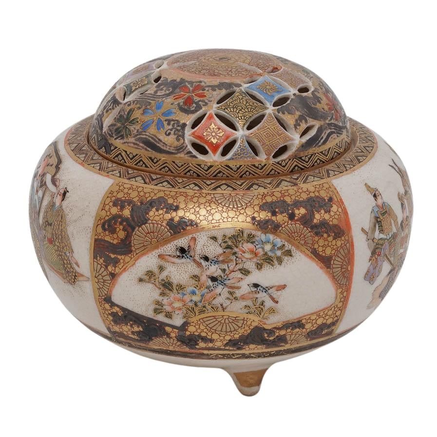 Japanese Meiji Kutani Porcelain Incense Burner/Koro: Japanese Meiji Kutani Porcelain Incense Burner/Koro Circa 1868-1912. Japanese Artist/Designer/Manufacturer: Unknown Kutani Workshop Marking(s); notes: Impressed to underside with a two-character “Ku