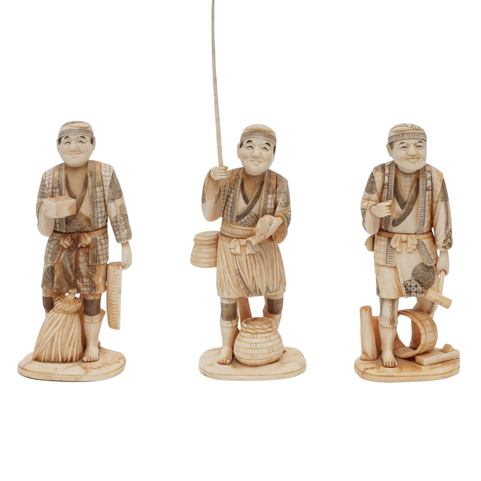 (3 pc) Japanese Carved Bone Okimono Fishermans (1 of 10)