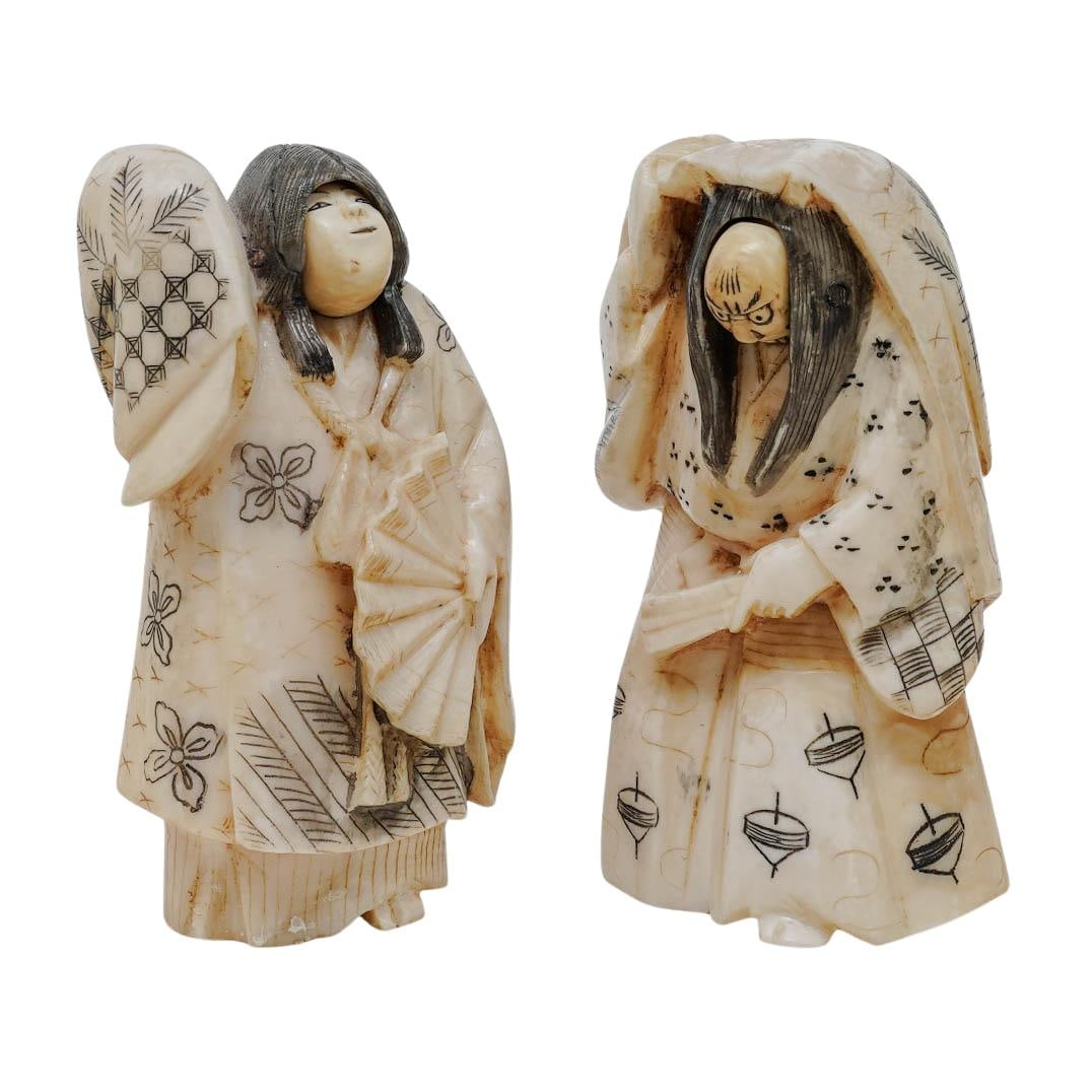 (2 pc) Japanese Noh Actors Changing-Face Carved Bone Nestuke (1 of 9)