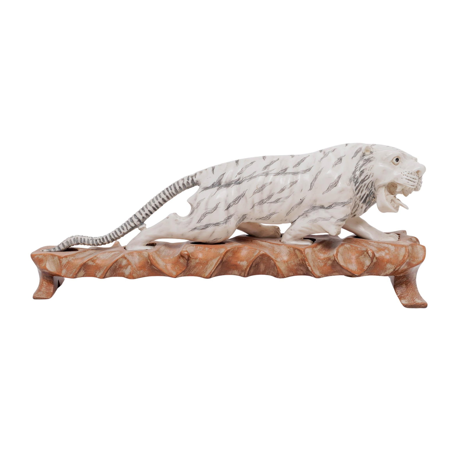 Carved Bone Tiger Figurine w/ Wooden Stand (1 of 9)