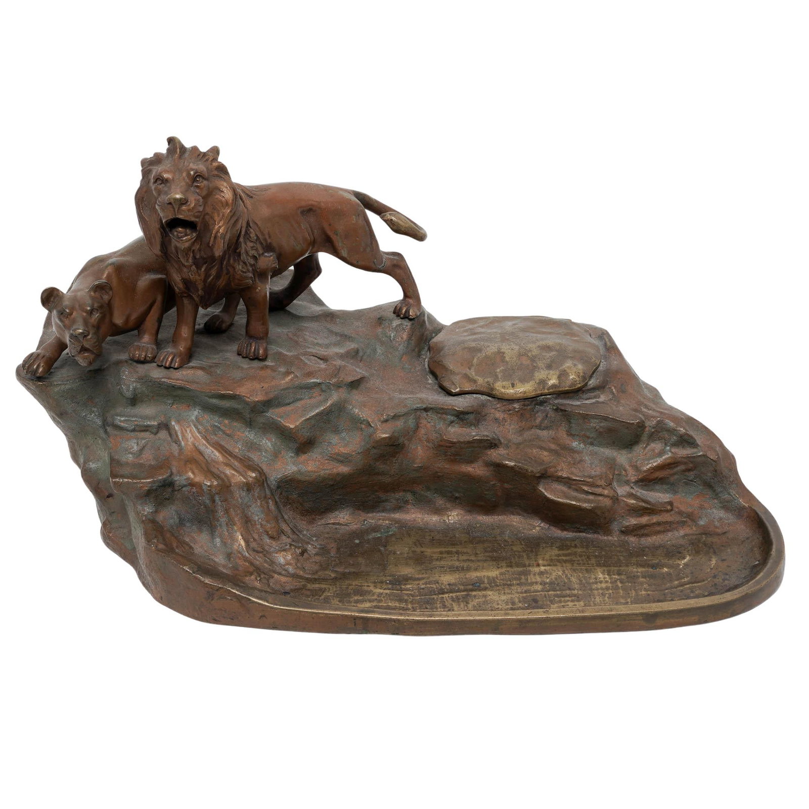 Antique Bronze Lion Inkwell: Antique Bronze Lion Inkwell 20th century, European Artist/Designer/Manufacturer: Unknown Marking(s); notes: None Materials: bronze Cataloger Note: Antique bronze inkwell featuring two affixed recumben