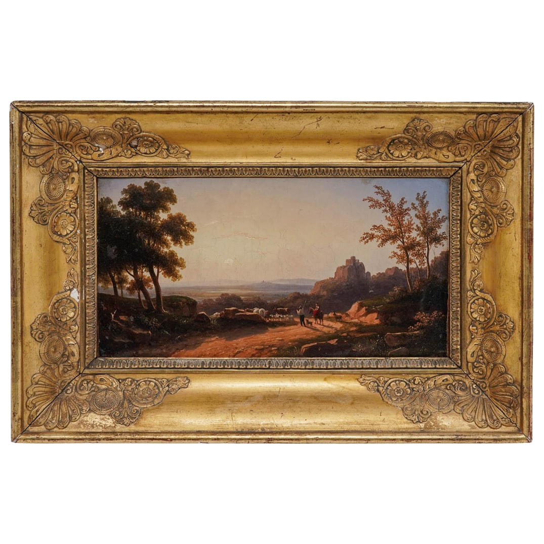 19th Cent. French School Pastoral Landscape Oil on Canvas Painting: 19th Cent. French School Pastoral Landscape Oil on Canvas Painting Circa 1825-1841. French Artist/Designer/Manufacturer: Unknown Marking(s); notes: Canvas stencil verso reading “Vallé & Bourniche, 