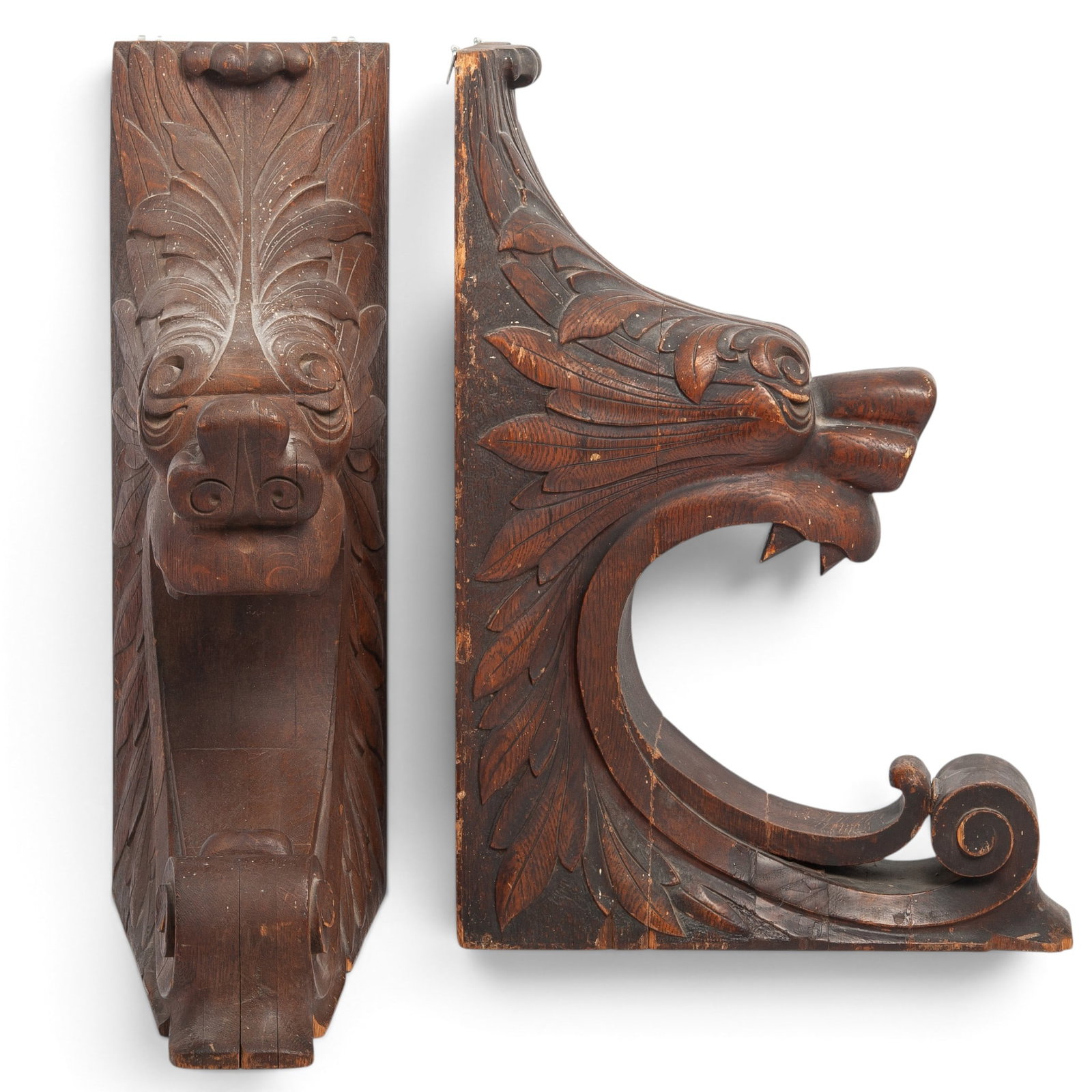 Pair of Large Antique Carved Wood Lion Wall Brackets (1 of 8)