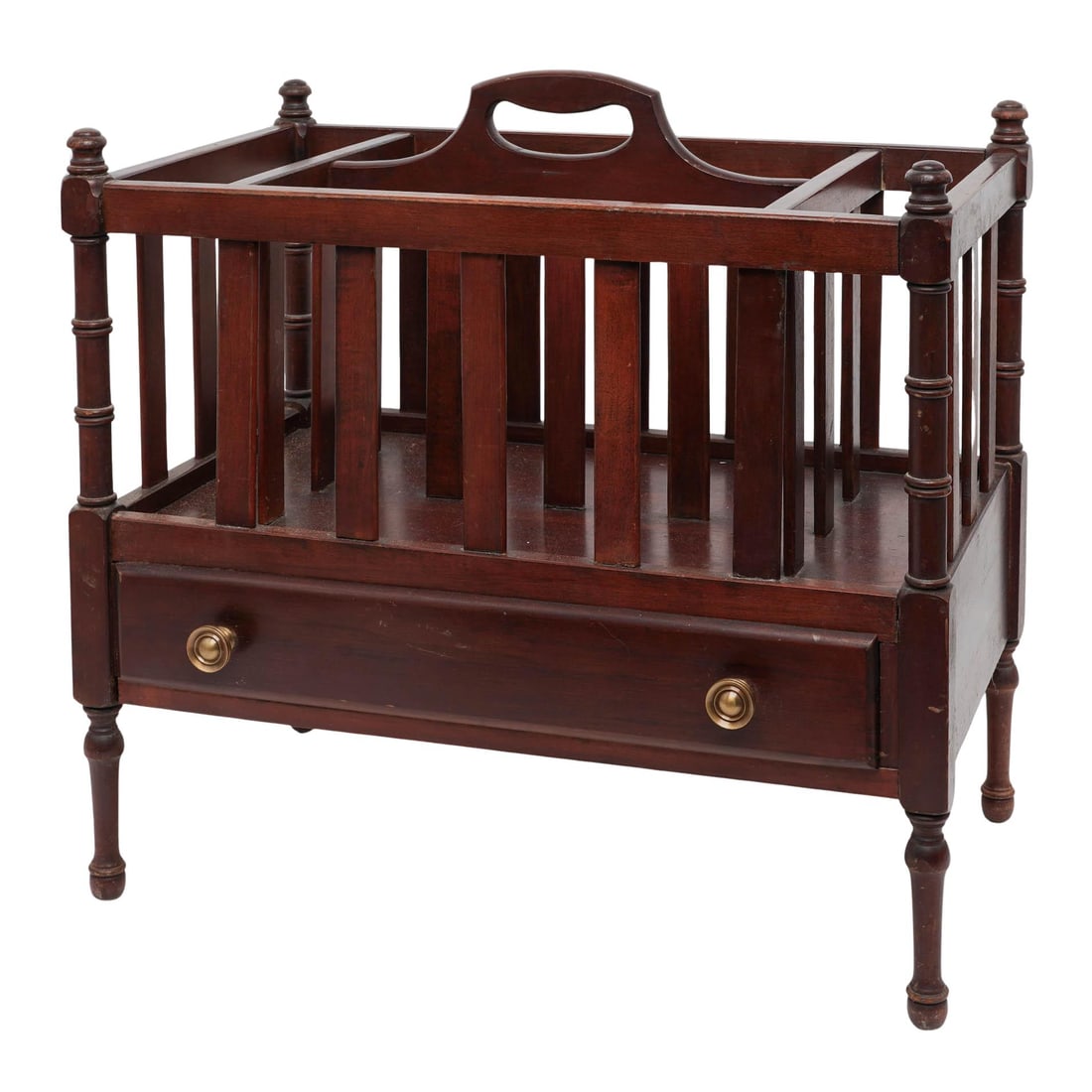 Vintage Wood Canterbury Floor Rack: Vintage Wood Canterbury Floor Rack Circa 1950. American Artist/Designer/Manufacturer: Unknown Marking(s); notes: None; Victorian Revival style Materials: stained wood, brass Cataloger Note: Victorian