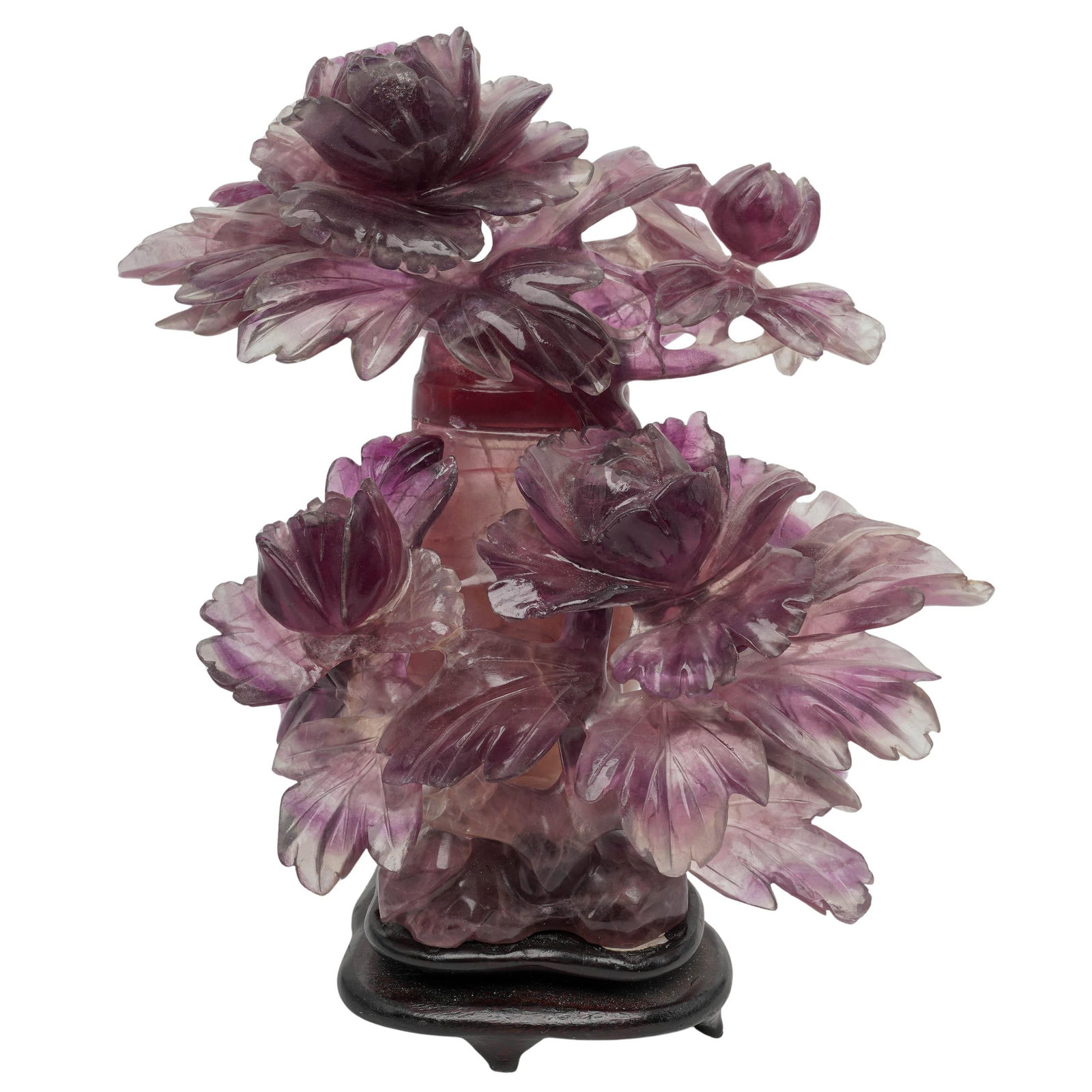 Chinese Carved Amethyst Quartz Covered Urn: Chinese Carved Amethyst Quartz Covered Urn 20th Cent. Chinese Artist/Designer/Manufacturer: Unknown Marking(s); notes: Paper sticker "Made in China" on the underside Materials: Carved Amethyst & Wood 