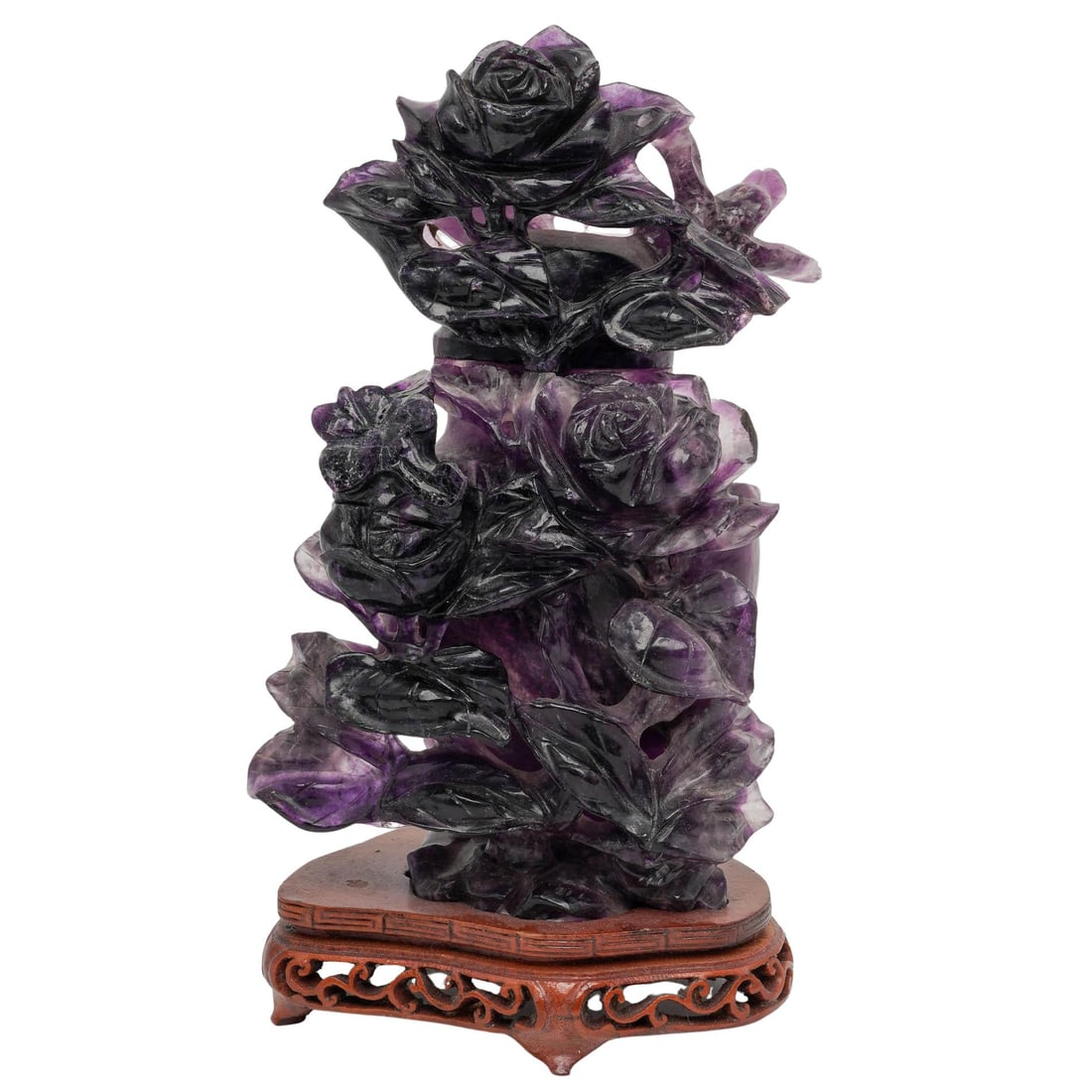 Chinese Carved Amethyst Quartz Covered Urn: Chinese Carved Amethyst Quartz Covered Urn 20th Cent. Chinese Artist/Designer/Manufacturer: Unknown Marking(s); notes: None Materials: Carved Amethyst & Wood Cataloger Note: This antique Chinese hand-