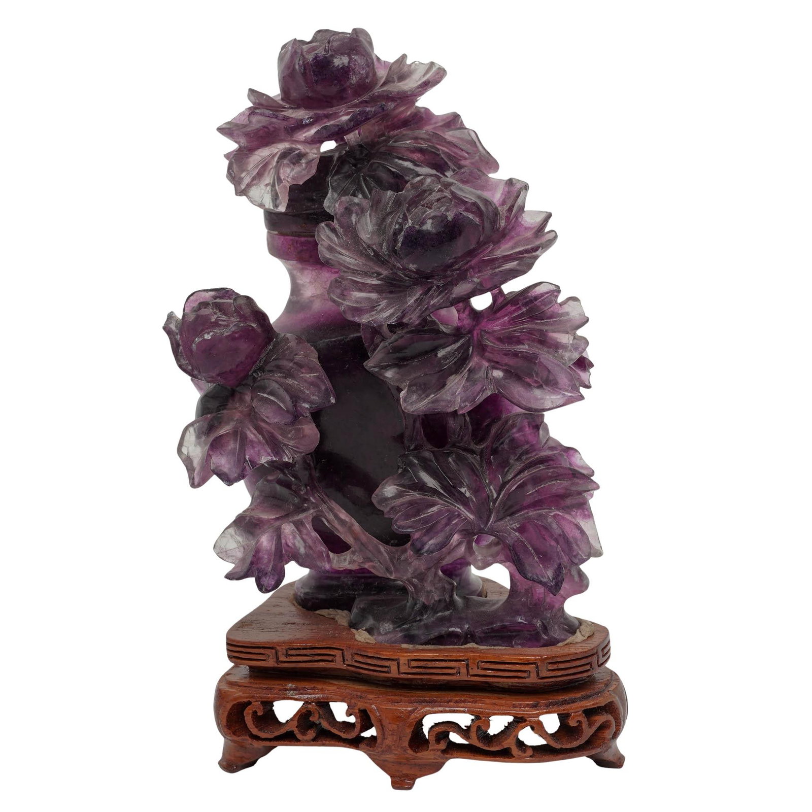 Chinese Carved Amethyst Quartz Covered Urn: Chinese Carved Amethyst Quartz Covered Urn 20th Cent. Chinese Artist/Designer/Manufacturer: Unknown Marking(s); notes: None Materials: Carved Amethyst & Wood Cataloger Note: This antique Chinese hand-