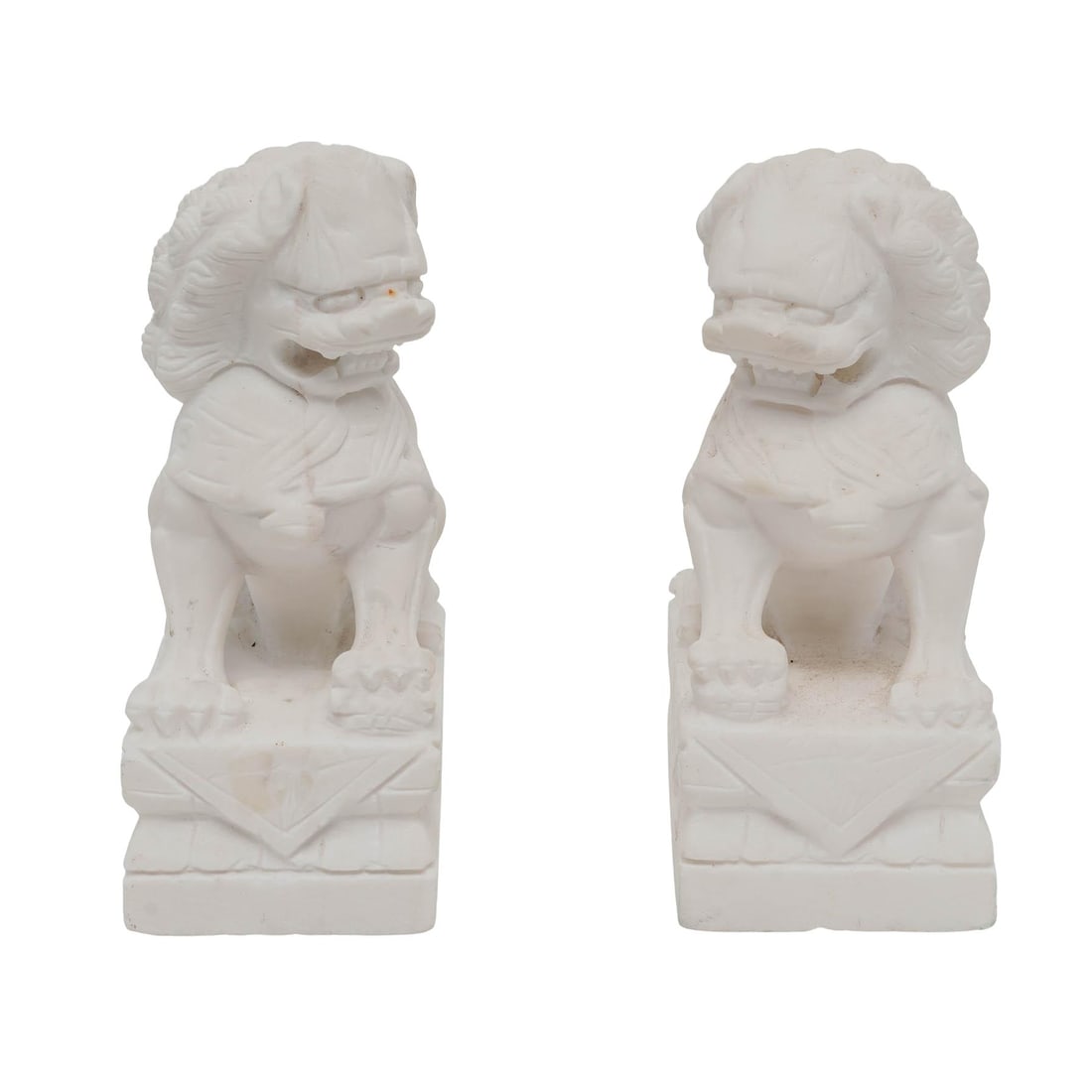 Pair Chinese Carved Marble Foo Dogs: Pair Chinese Carved Marble Foo Dogs 20th Cent, China Artist/Designer/Manufacturer: Unknown Marking(s); notes: Chinese; hand-carved Materials: white marble Cataloger Note: Pair of Chinese hand-carved