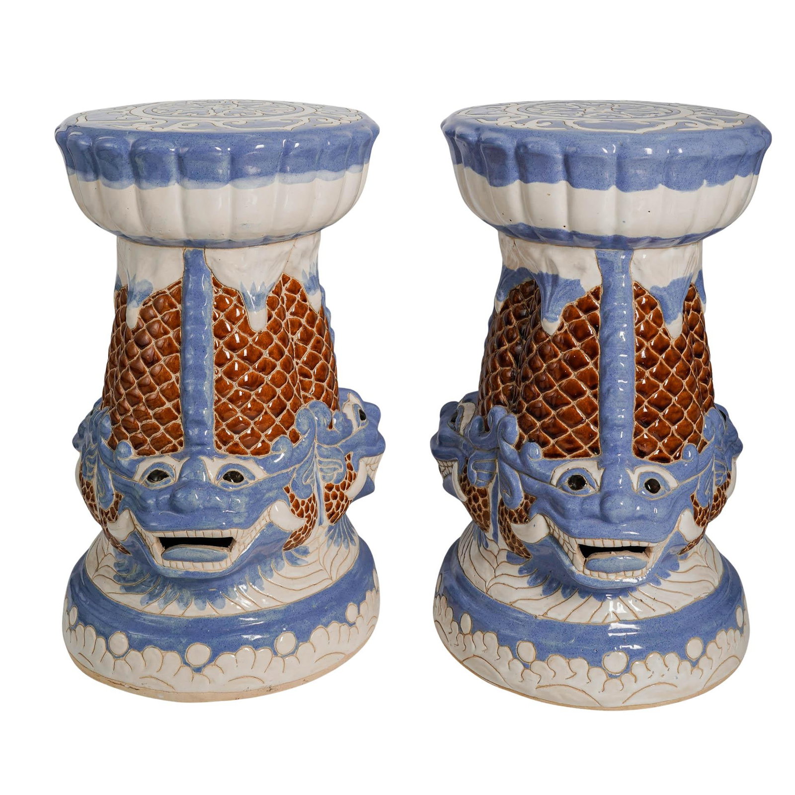 Pair Asian Ceramic Dragon Head Stools: Pair Asian Ceramic Dragon Head Stools 20th Cent, Vietnam Artist/Designer/Manufacturer: ABG Marking(s); notes: Stamped “Made in Vietnam for ABG” to lower interior Materials: glazed ceramic