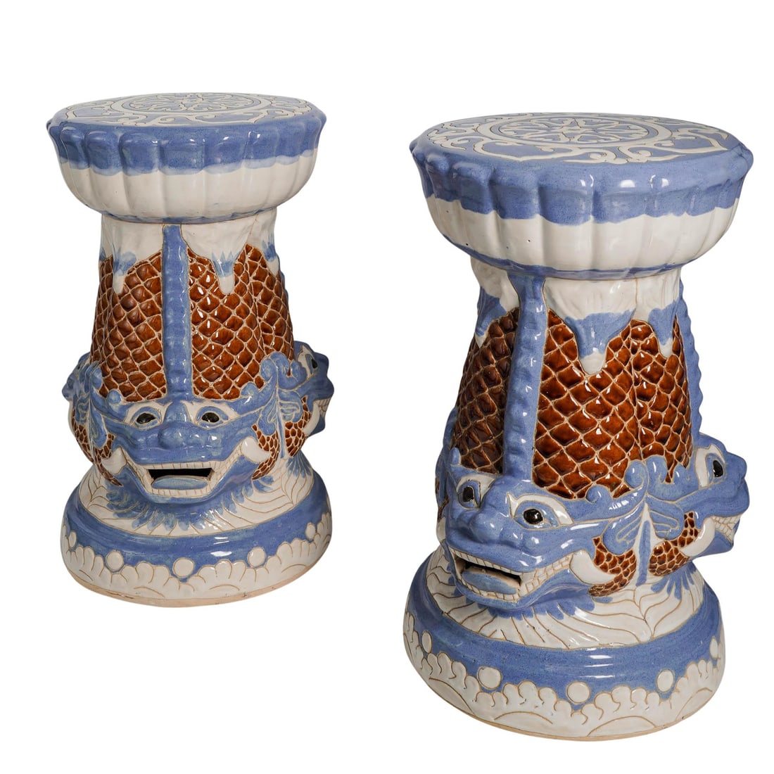 Pair Asian Ceramic Dragon Head Stools - 2
