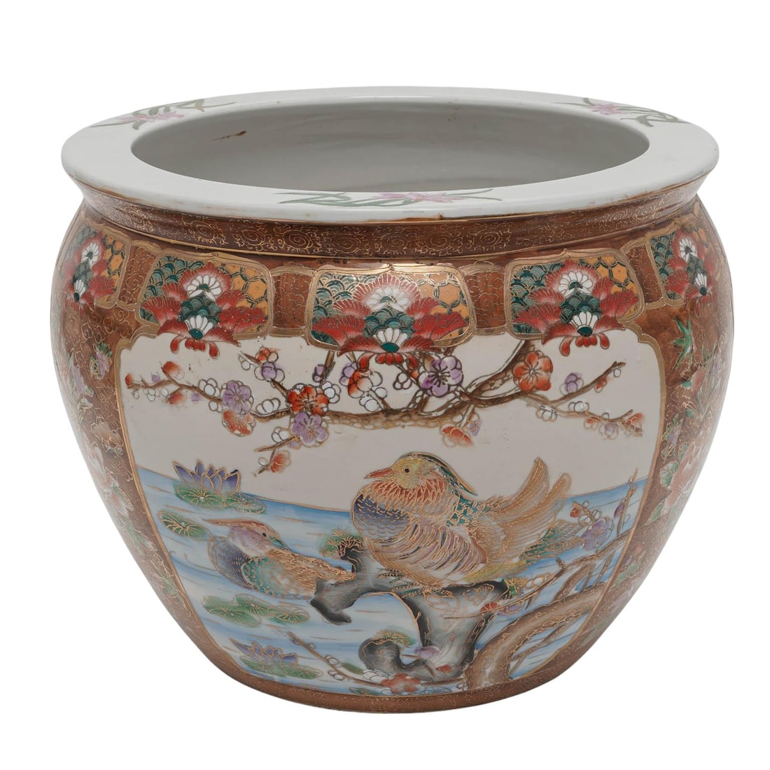 Large Satsuma Style Porcelain Fishbowl Planter: Large Satsuma Style Porcelain Fishbowl Planter 20th century, Chinese Artist/Designer/Manufacturer: Unknown Marking(s); notes: Satsuma style Materials: glazed porcelain, polychrome enamels, gilt