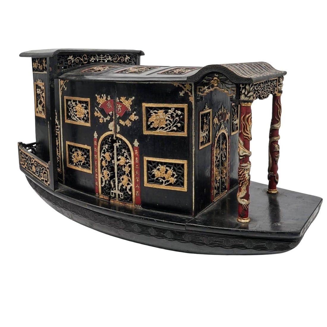 Antique Chinese Lacquered Wood Ship Wedding Palanquin Box (1 of 12)