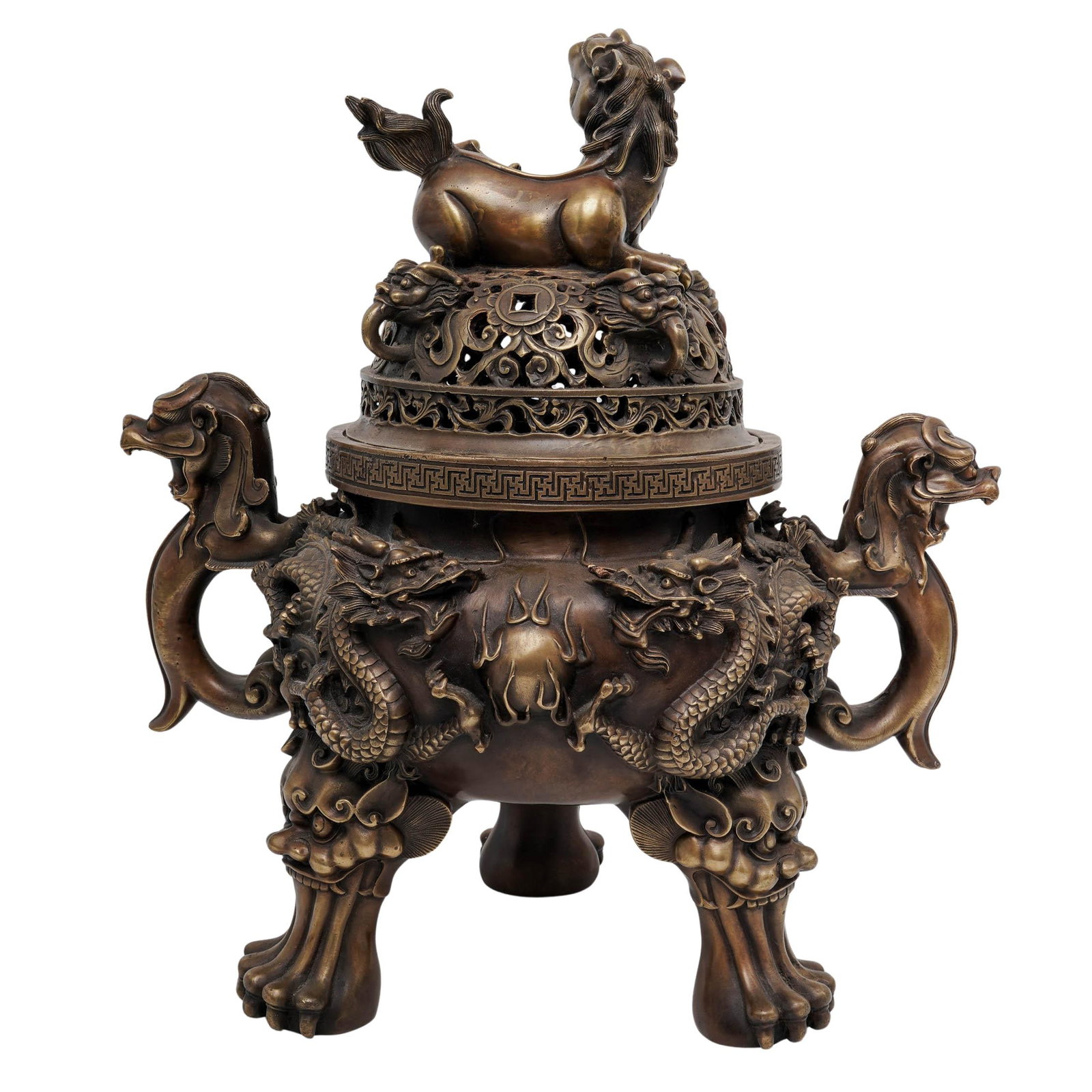 Antique Chinese Foo Dog Bronze Censor - 3