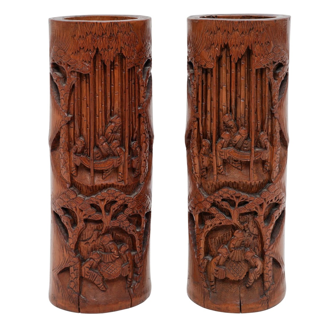 Pair of Antique Chinese Carved Bamboo Brush Pots: Pair of Antique Chinese Carved Bamboo Brush Pots Early 20th Cent, Chinese Artist/Designer/Manufacturer: Unknown Marking(s); notes: None Materials: Carved Bamboo Cataloger Note: Historically part of a