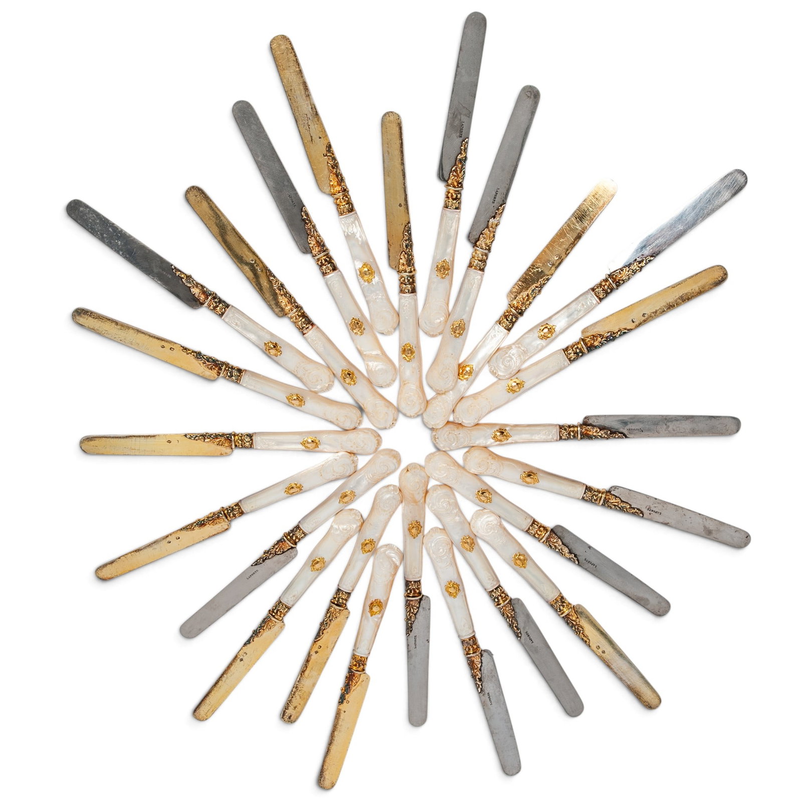(24 pc) Desiree Toussaint Legrand Silver & MOP Knife Set: (24 pc) Desiree Toussaint Legrand Silver & MOP Knife Set Early 19th Cent, France Artist/Designer/Manufacturer: Désirée Toussaint Legrand Marking(s); notes: French; blades bearing maker’s hallmark 