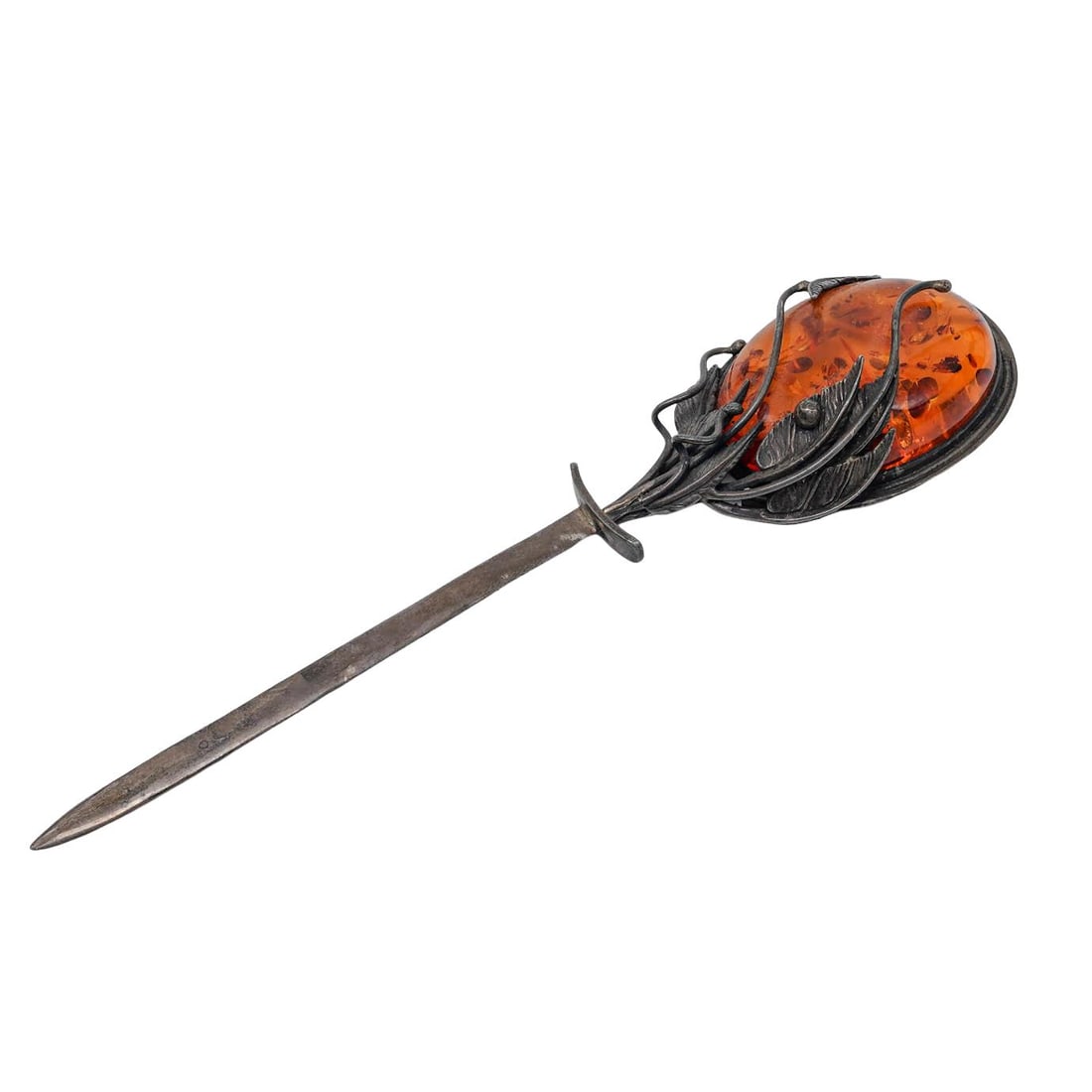 Art Nouveau Amber & Sterling Silver Letter Opener: Art Nouveau Amber & Sterling Silver Letter Opener Early 20th Century, Europe Artist/Designer/Manufacturer: Unknown. Marking(s): None. Materials: Sterling silver, amber. Cataloger Note: Art Nouveau let