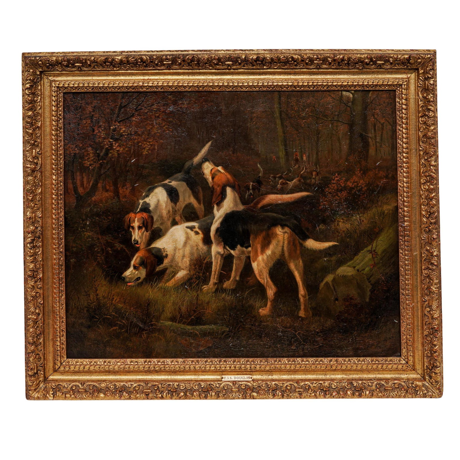 Edward Algernon Stuart Douglas (British, 1850-1920) Hound Hunting Scene Oil on Canvas: Edward Algernon Stuart Douglas (British, 1850-1920) Hound Hunting Scene Oil on Canvas 1877, England Artist/Designer/Manufacturer: Edward Algernon Stuart Douglas (British, 1850-1920). Marking(s): Signe