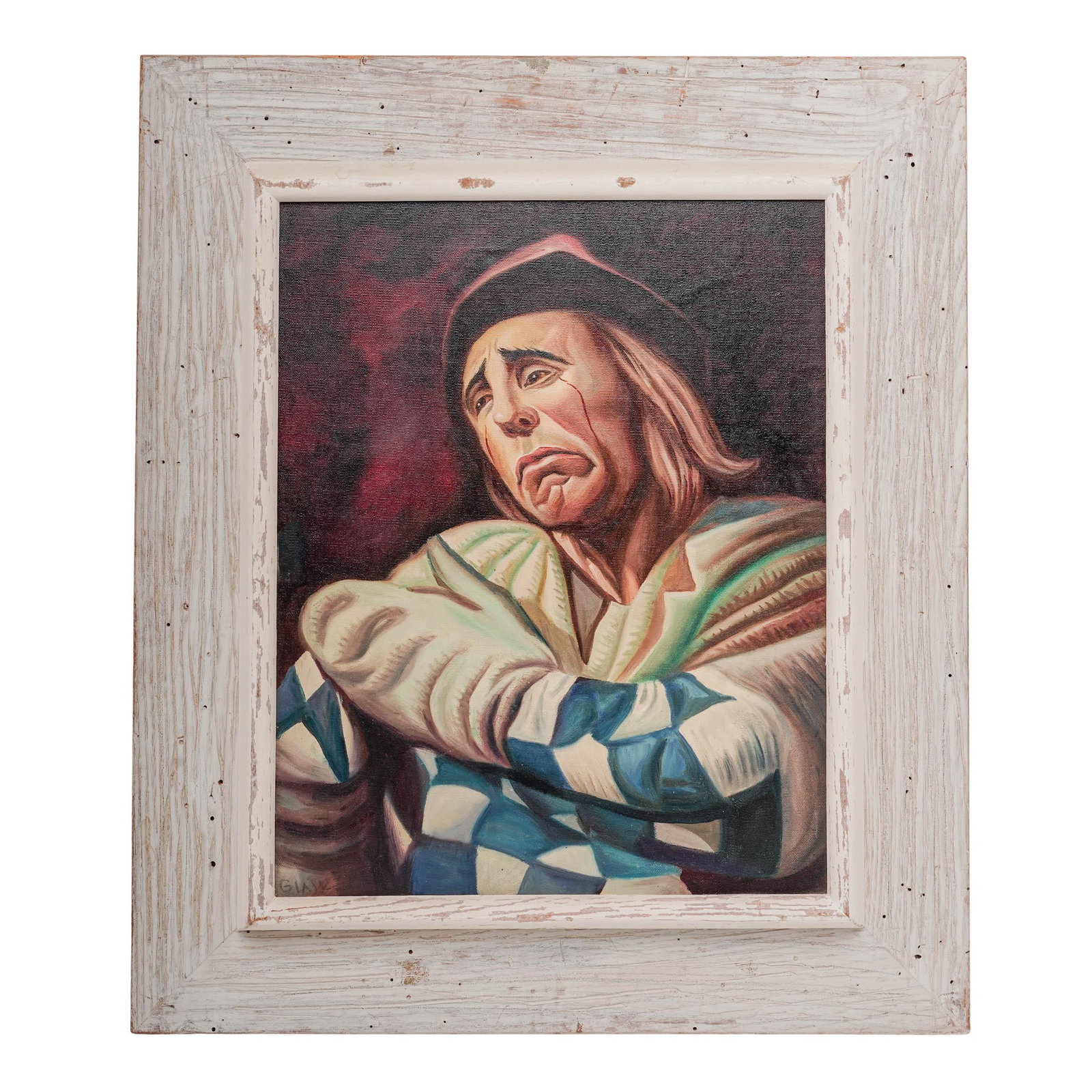 Vintage Clown Portrait Oil Painting: Vintage Clown Portrait Oil Painting 20th century, USA Artist/Designer/Manufacturer: Unknown Marking(s); notes: Signed lower left Materials: paint on canvas Cataloger Note: Figural painting depicting a