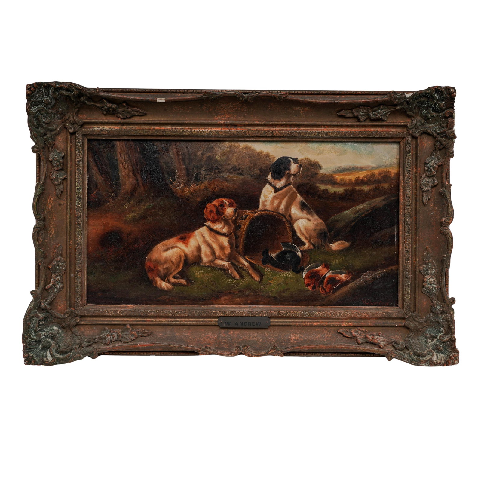 Walter Andrew (British, 19th Cent) Hunting Dogs Oil on Board: Walter Andrew (British, 19th Cent) Hunting Dogs Oil on Board 19th Cent, England Artist/Designer/Manufacturer: Unknown Marking(s); notes: Signed lower right; artist’s name displayed on plaque affixed