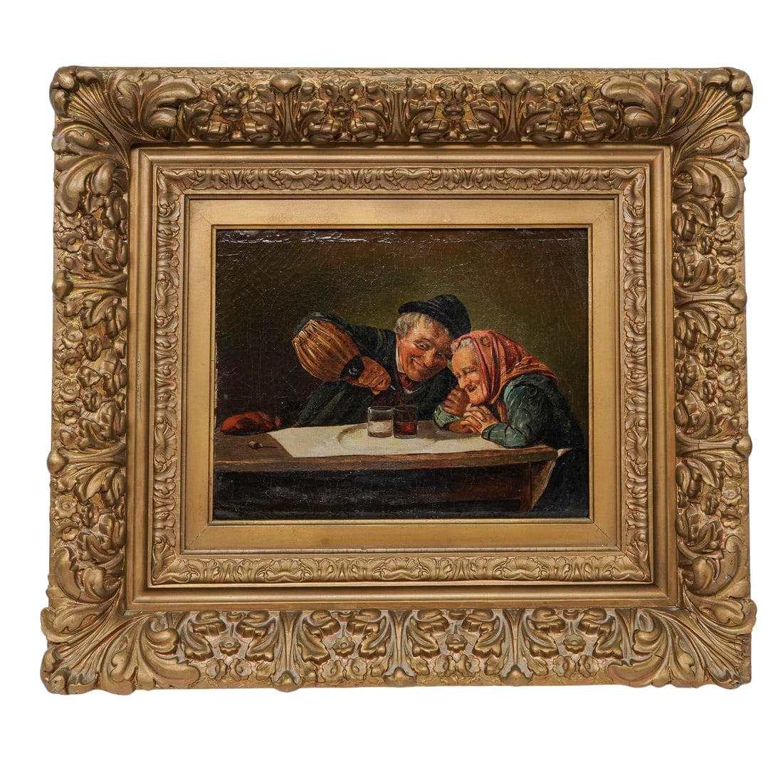 Antique Tavern Scene Oil On Canvas Painting: Antique Tavern Scene Oil On Canvas Painting 19th Century, Europe Artist/Designer/Manufacturer: Unknown. Marking(s): Signed illegibly at lower left. Materials: Oil on canvas, giltwood frame. Cataloger