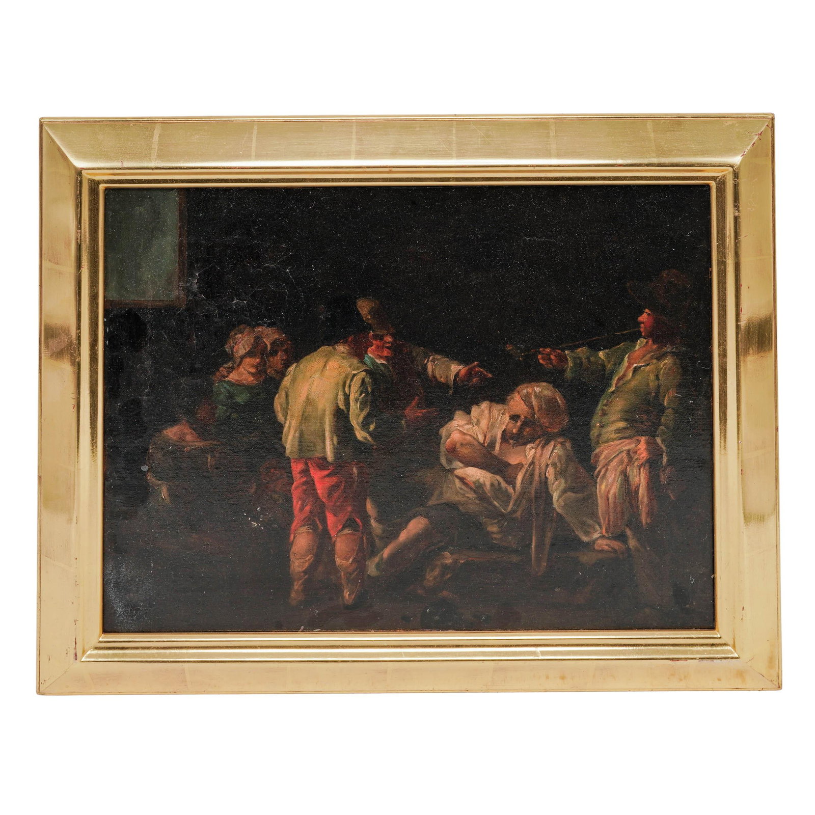 Antique Flemish School Interior Scene Oil on Canvas Painting: Antique Flemish School Interior Scene Oil on Canvas Painting 18th-19th Cent. Belgium Artist/Designer/Manufacturer: Unknown Marking(s); notes: The Frame Maker's sticker on the frame's verso Materials: