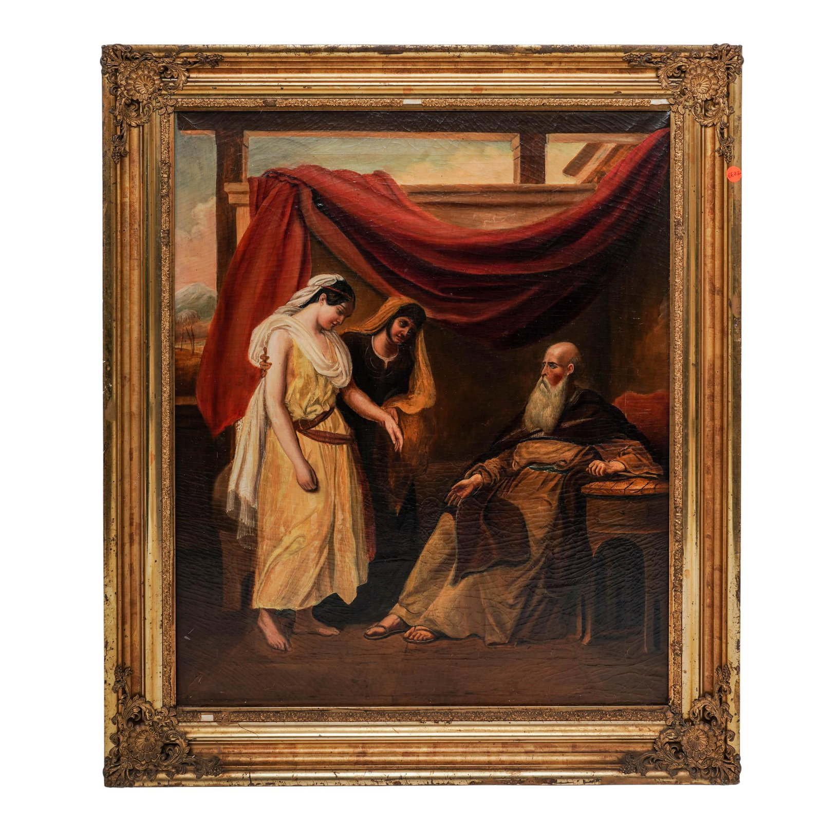 Antique "Sarah Presenting Hagar to Abraham"Oil on Canvas Painting: Antique "Sarah Presenting Hagar to Abraham"Oil on Canvas Painting Late 19th to early 20th Cent. European Artist/Designer/Manufacturer: Unknown Marking(s);notes: None Materials: Oil/Canvas Cataloger