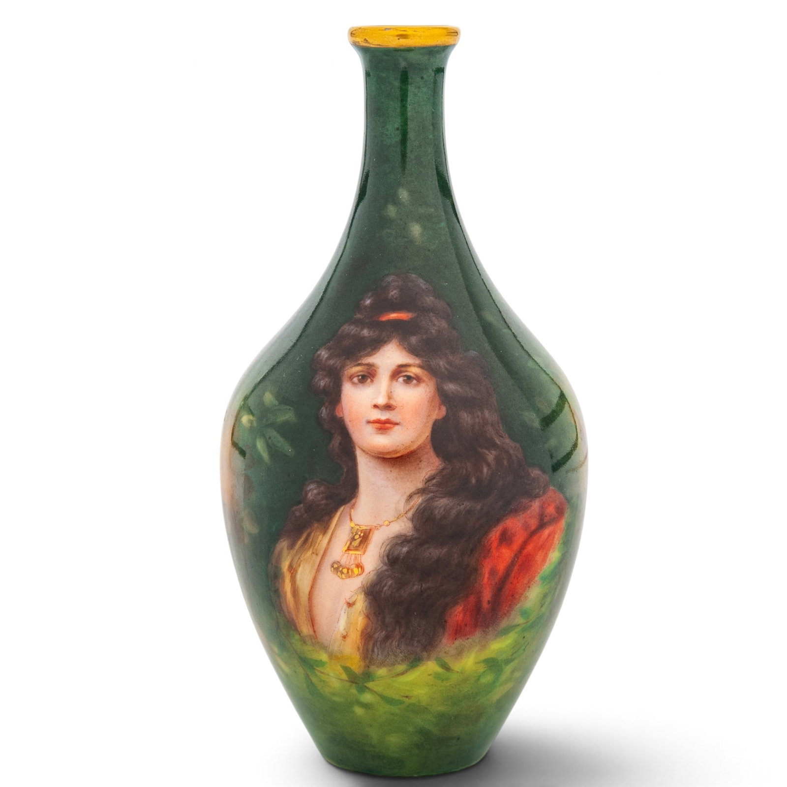 Art Nouveau Royal Schwarzburg Porcelain Portrait Vase: Art Nouveau Royal Schwarzburg Porcelain Portrait Vase c. 1904–1924, Germany Artist/Designer/Manufacturer: Royal Schwarzburg Marking(s); notes: Hand-painted starburst insignia and circular red