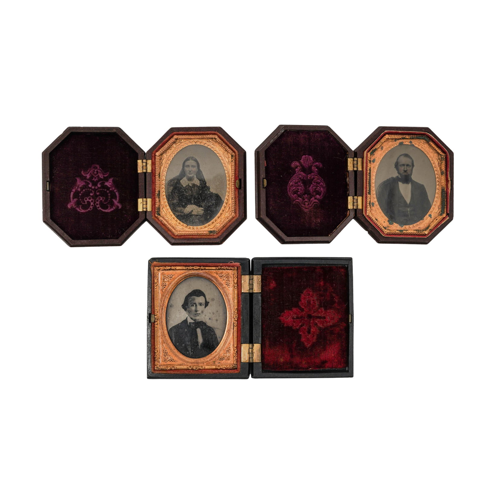 (3 pc) 19th Cent. Portrait Tintypes: (3 pc) 19th Cent. Portrait Tintypes 19th Cent, USA Artist/Designer/Manufacturer: Unknown Marking(s); notes: 19th century Materials: tintype photographs, lacquered cases Cataloger Note: Group of three