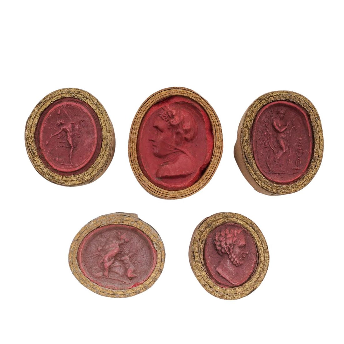 19th Cent. Grand Tour Red Sulfur Cameo Intaglios: 19th Cent. Grand Tour Red Sulfur Cameo Intaglios 19th Cent. European Artist/Designer/Manufacturer: Unknown Marking(s);notes: # 5050/ 2A6375/ 20 10627/ 394731 / 89 Materials: Red Sulfur & Gilt-Paper