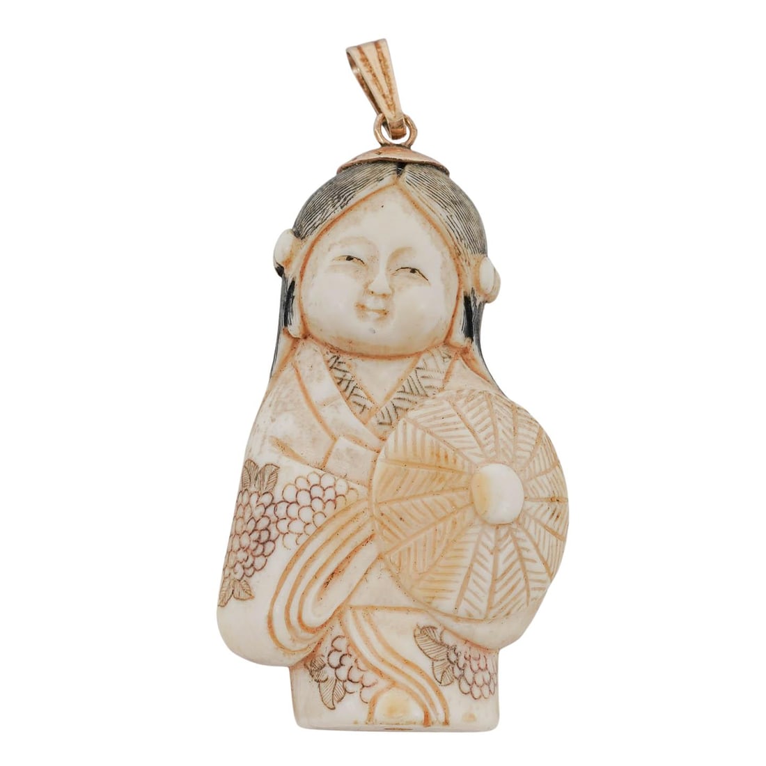14k Gold and Japanese Carved Bone Female Netsuke Pendant (1 of 6)