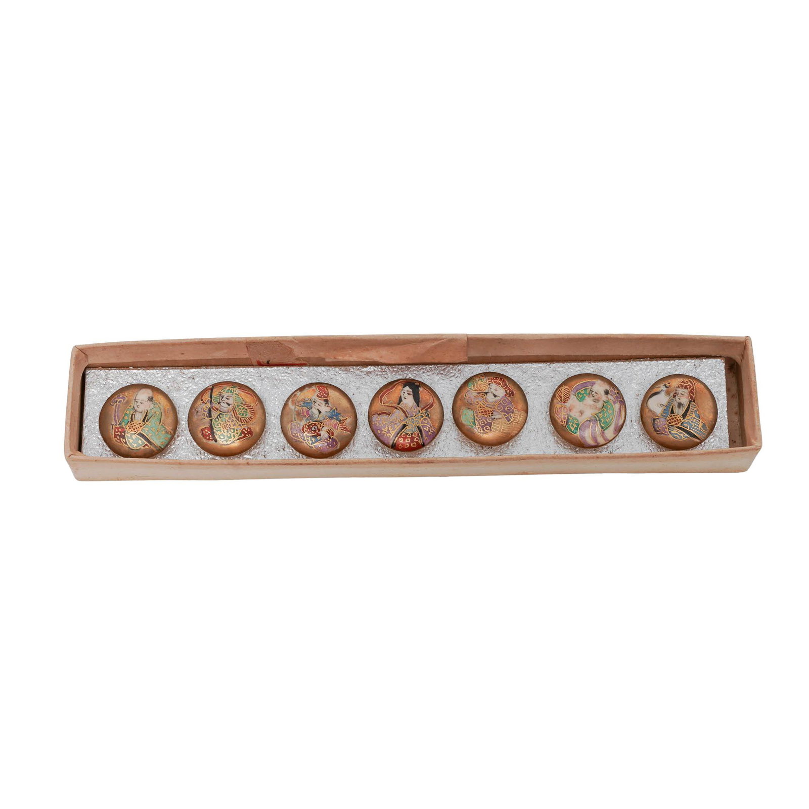 (7 pc) Japanese Satsuma "Seven Gods of Good Fortune" Porcelain Buttons: (7 pc) Japanese Satsuma "Seven Gods of Good Fortune" Porcelain Buttons early 20th century, Japanese Artist/Designer/Manufacturer: Unknown Marking(s); notes: Japanese; Meiji period (1868–1912); Seven