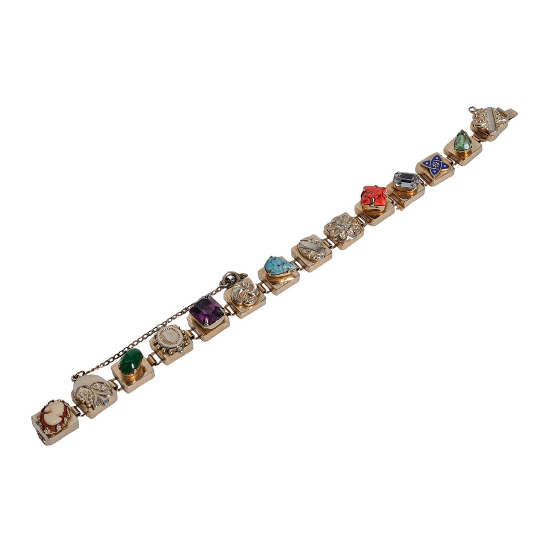 Vintage Slide Charm Bracelet: Vintage Slide Charm Bracelet c. 1950s-1960s, USA Artist/Designer/Manufacturer: Unknown Marking(s); notes: Victorian style Materials: gold-tone metal, assorted gemstones, carved cameo, enamel, simulate