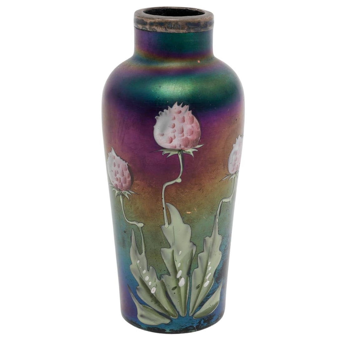 Art Nouveau Iridescent Glass Vase: Art Nouveau Iridescent Glass Vase Late 19th - Early 20th Cent, European Artist/Designer/Manufacturer: Unknown Marking(s); notes: English; Art Nouveau; sterling silver rim bearing lion, anchor, and