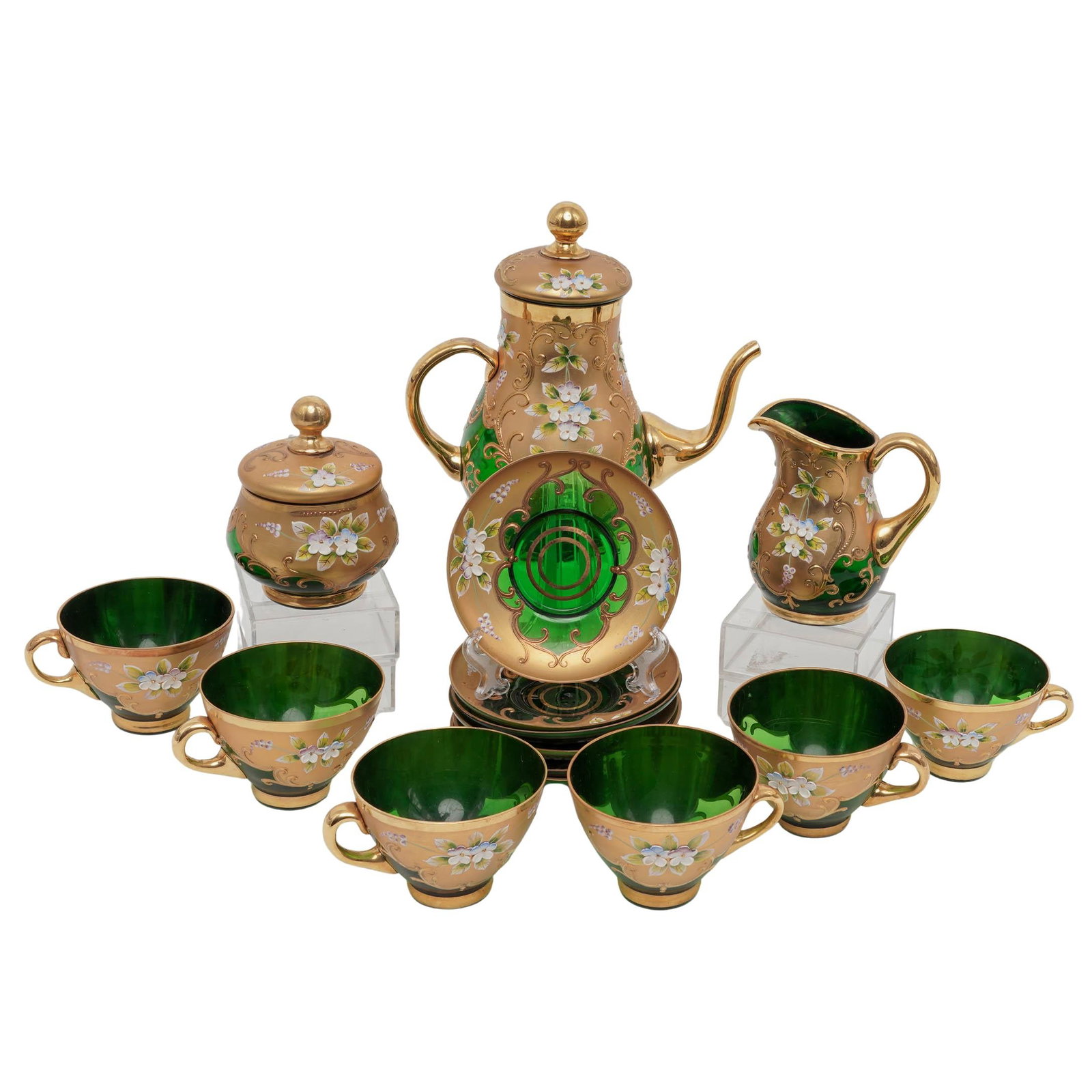 (15 pcs) Bohemian Gilt Green Glass Tea Set: (15 pcs) Bohemian Gilt Green Glass Tea Set 20th century Bohemian gilt green glass tea set with floral motifs. (6) Plates Measurements: Diameter 5" (6) Tea cups Measurements: H 2.5" x L (rim to handle)