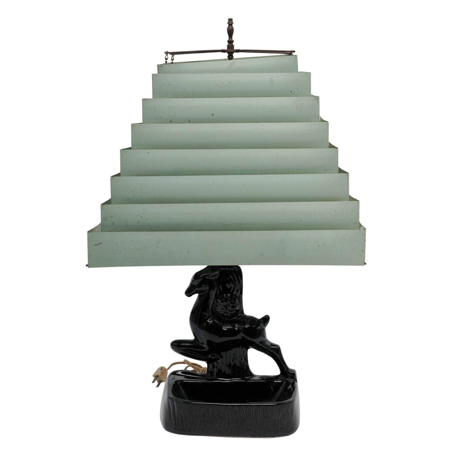 Vintage Ceramic Leaping Stag Lamp w/ Venetian Blind Metal Shade: Vintage Ceramic Leaping Stag Lamp w/ Venetian Blind Metal Shade c. 1940s 1950s, USA Artist/Designer/Manufacturer: Unknown Marking(s); notes: Mid-century style Materials: ceramic, metal Cataloger