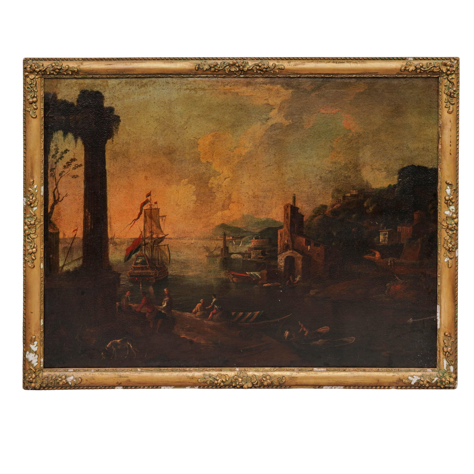 Manner of Claude Joseph Vernet Harbor Scene Oil on Canvas: Manner of Claude Joseph Vernet Harbor Scene Oil on Canvas 18th Century, Continental Artist/Designer/Manufacturer: Manner of Claude Joseph Vernet Marking(s): None. Materials: Oil on canvas, giltwood