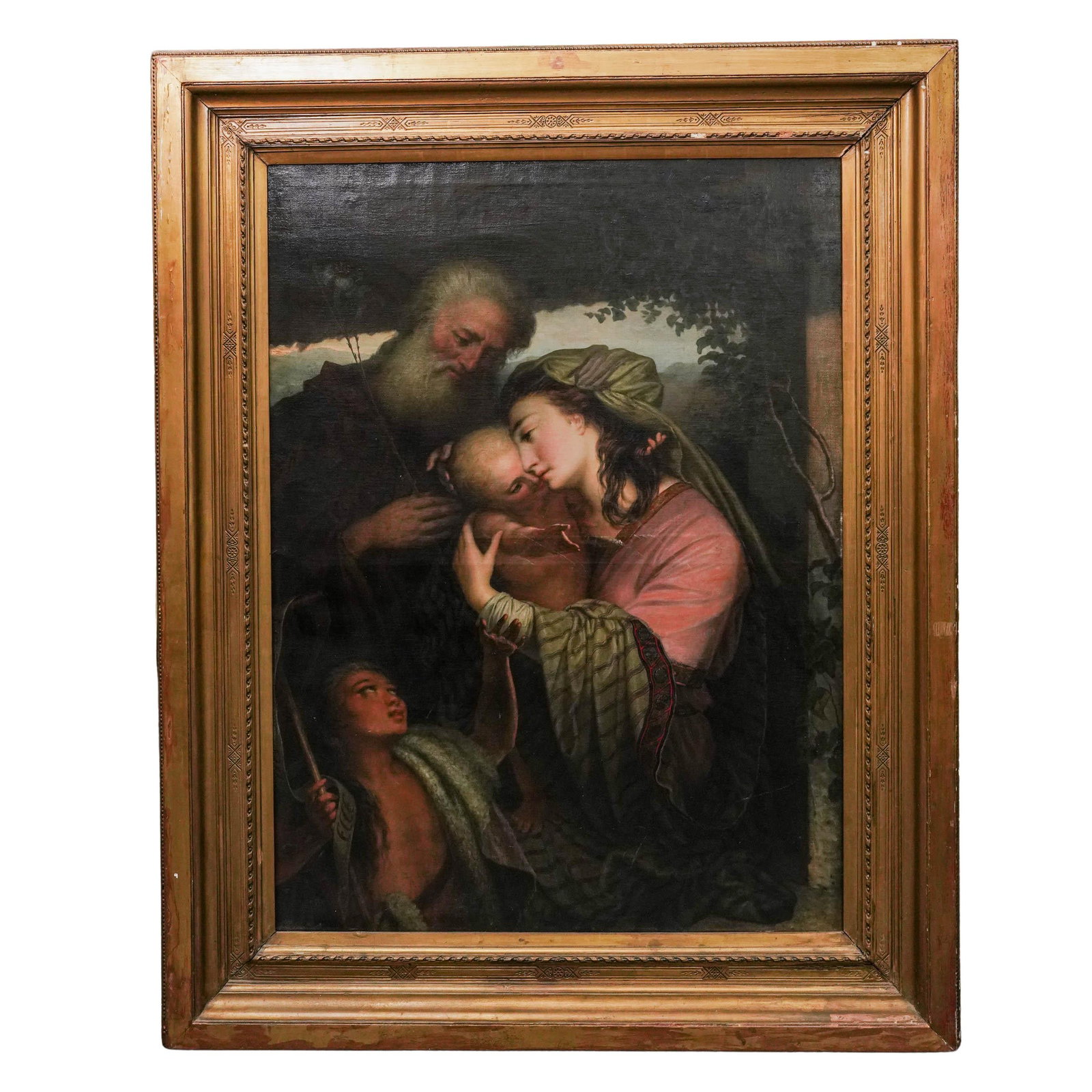 Large Antique Holy Family With Infant St. John the Baptist Oil Painting: Large Antique Holy Family With Infant St. John the Baptist Oil Painting 1882, European Artist/Designer/Manufacturer: Unknown Marking(s); notes: Dated “1882” with unidentified emblem upper