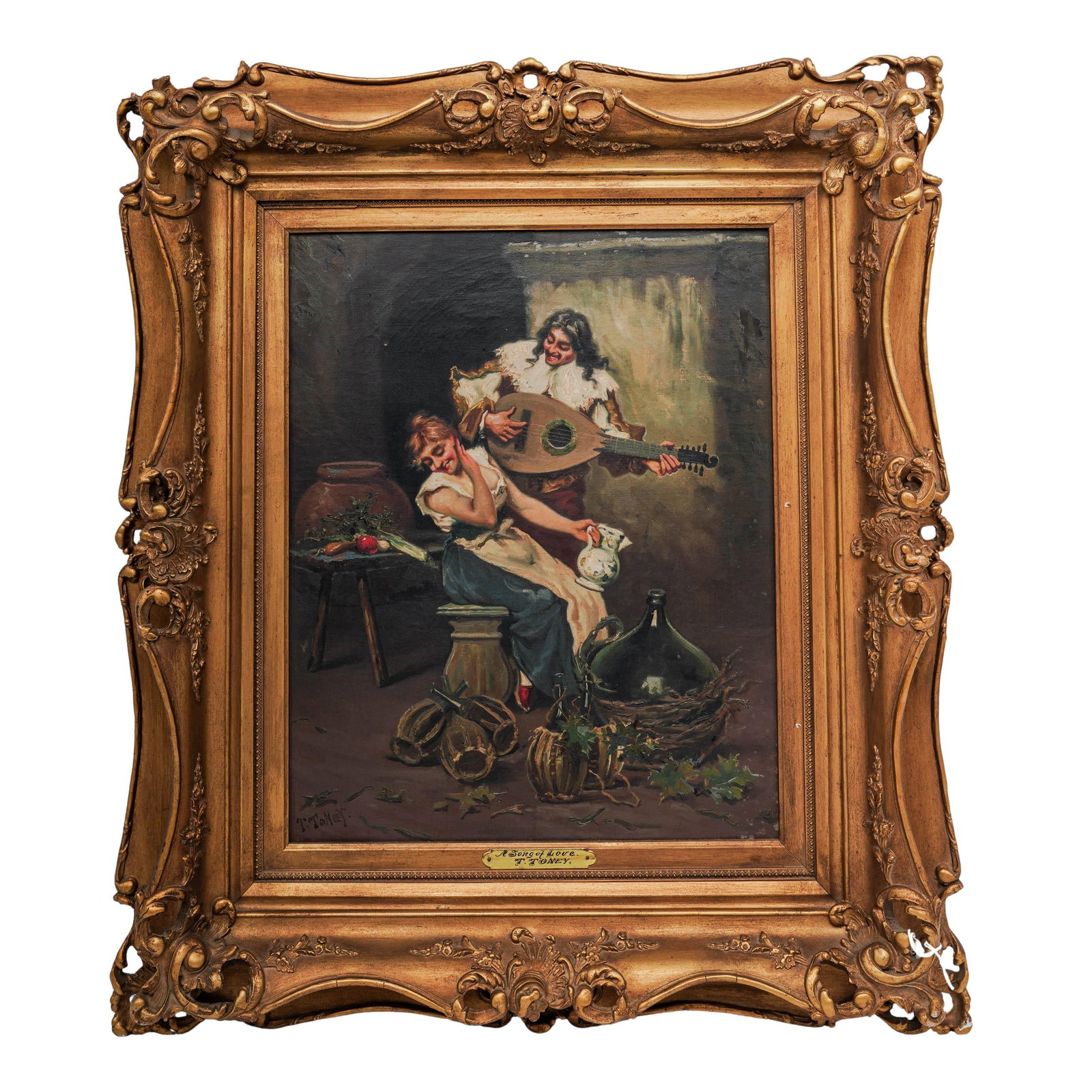 Signed T. Toney "A Song of Love" Oil on Canvas Painting: Signed T. Toney "A Song of Love" Oil on Canvas Painting Late 19th to early 20th Cent. European Artist/Designer/Manufacturer: T. Toney Marking(s); notes: Signed “T. Toney” lower left; brass pla