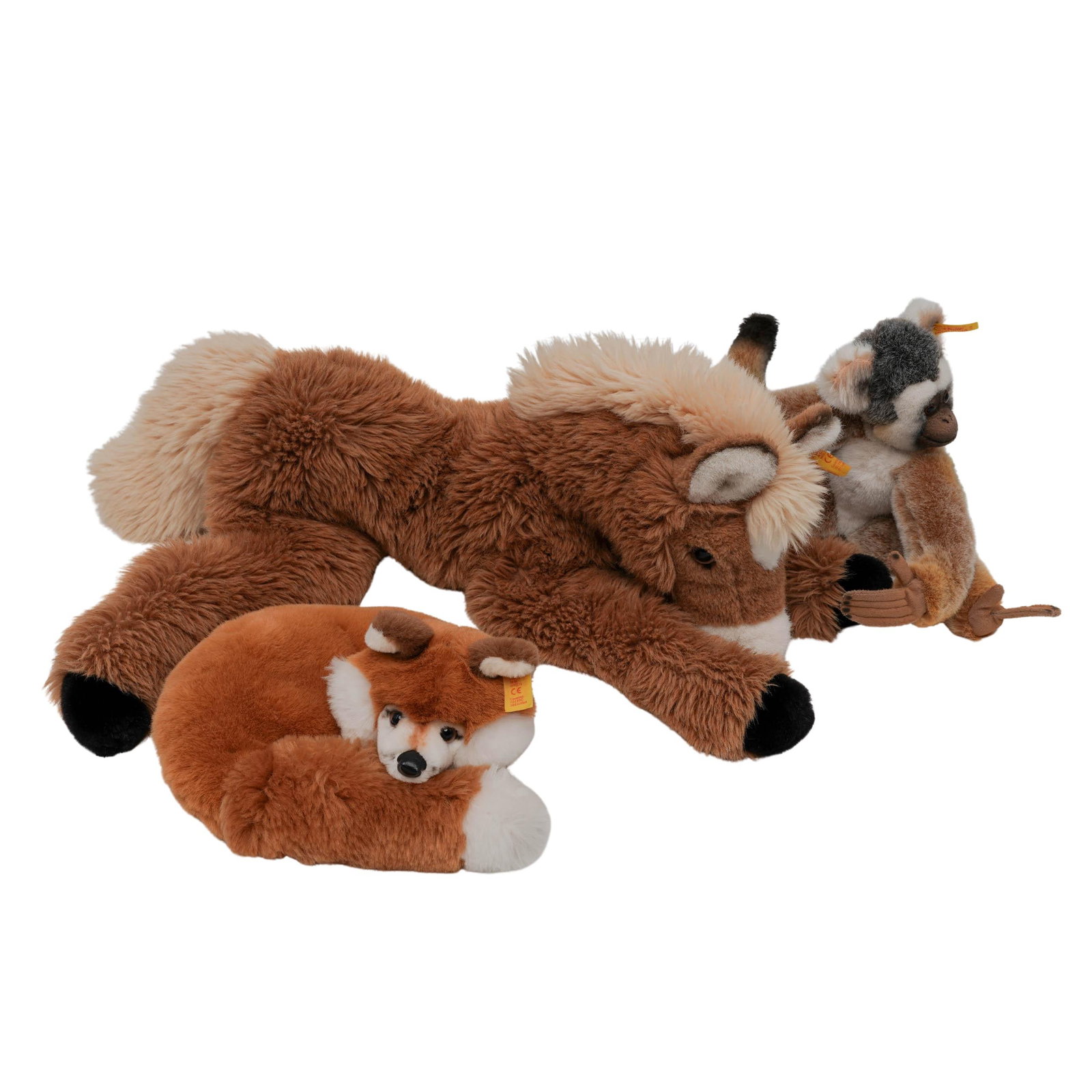 (3 pcs) Steiff Monkey, Horse, Fox: (3 pcs) Steiff Monkey, Horse, Fox Late 20th-early 21st century Artist/Designer/Manufacturer: Steiff Marking(s); notes: Curled fox No. 070051; monkey No. 061554; horse No. 101656 Materials: plush